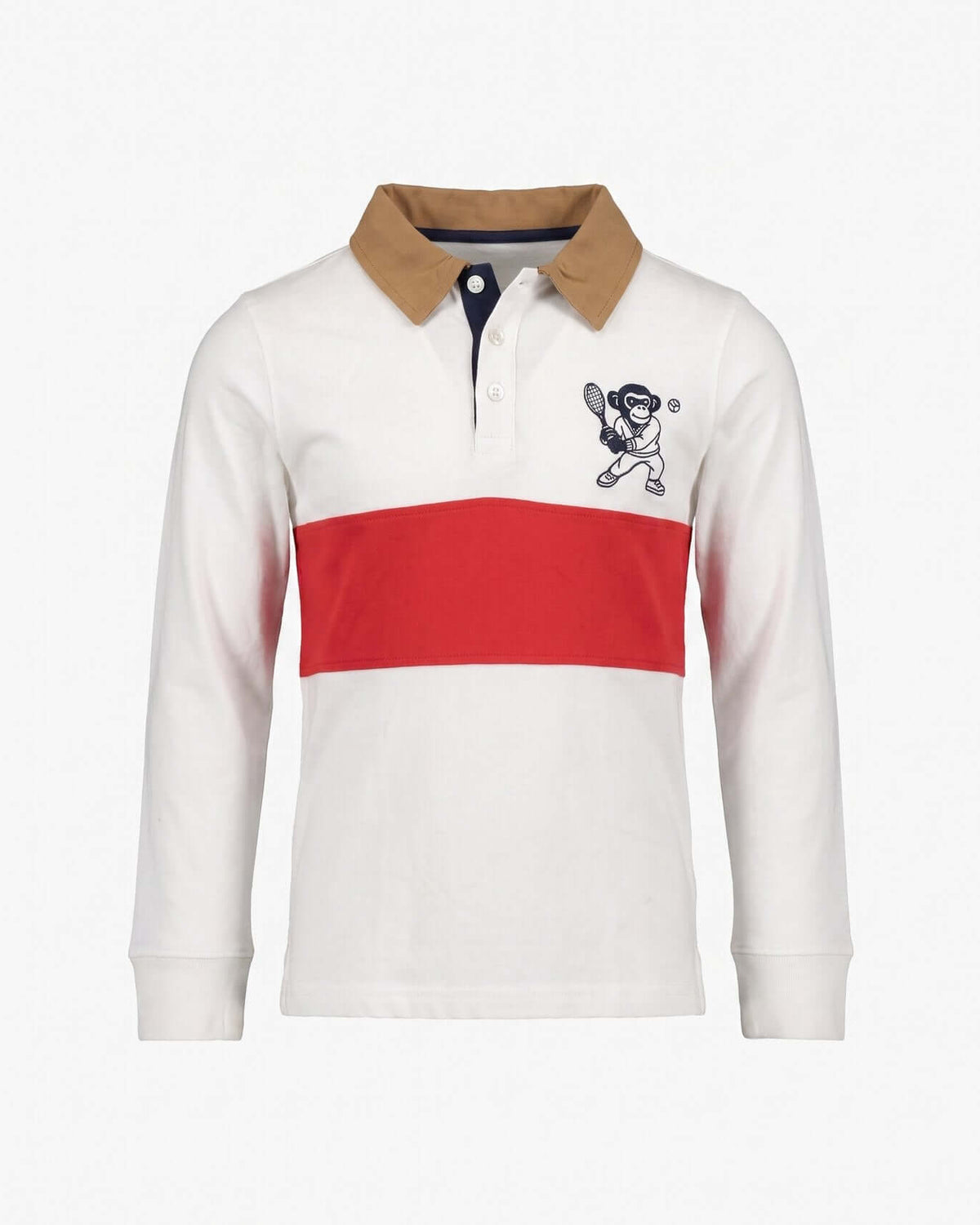 Off White Rugby Shirt featuring a classic rugby stripe design with a playful embroidered monkey.