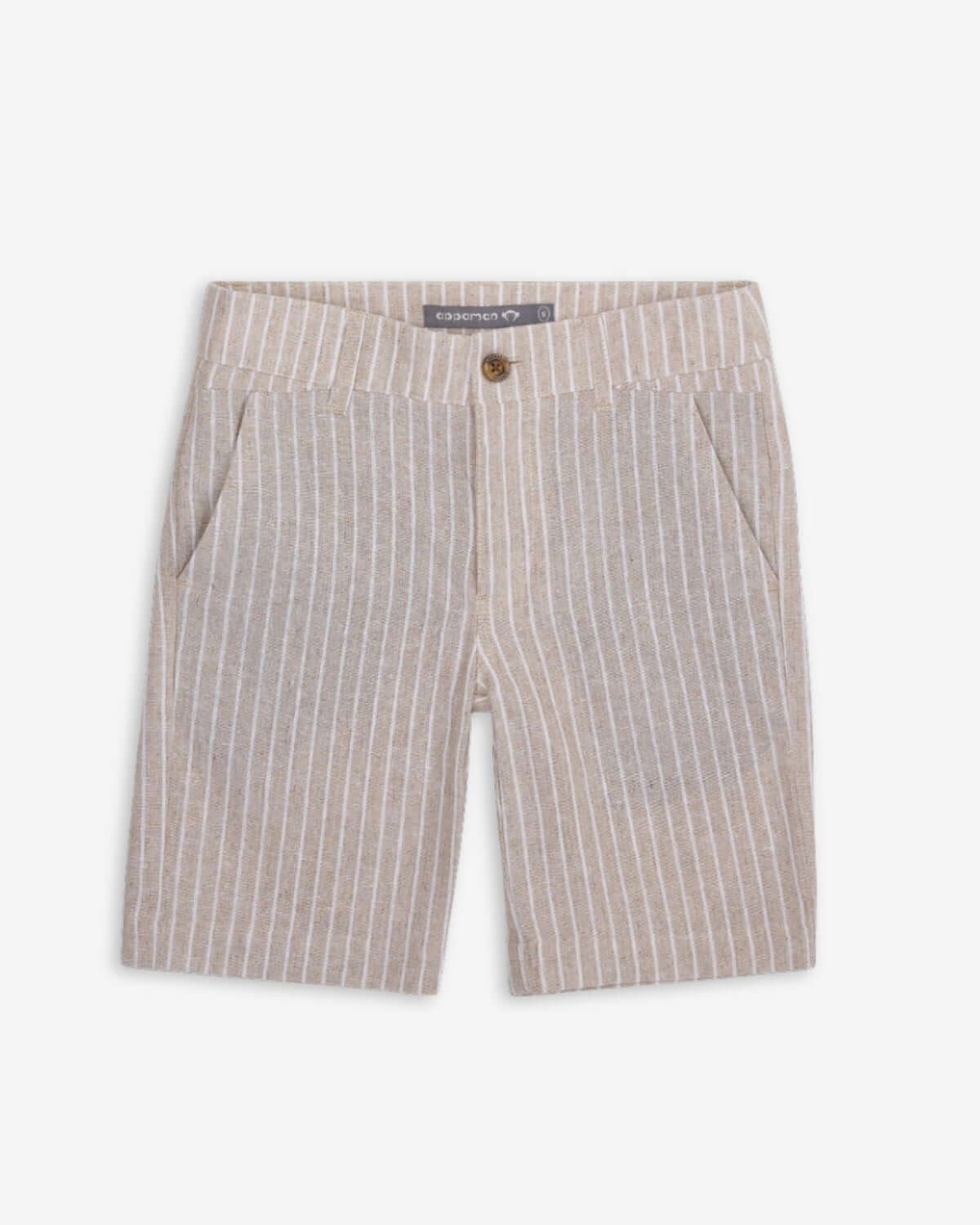 Sand Stripe Linen Trouser Shorts in soft beige fabric with playful stripes and pockets.