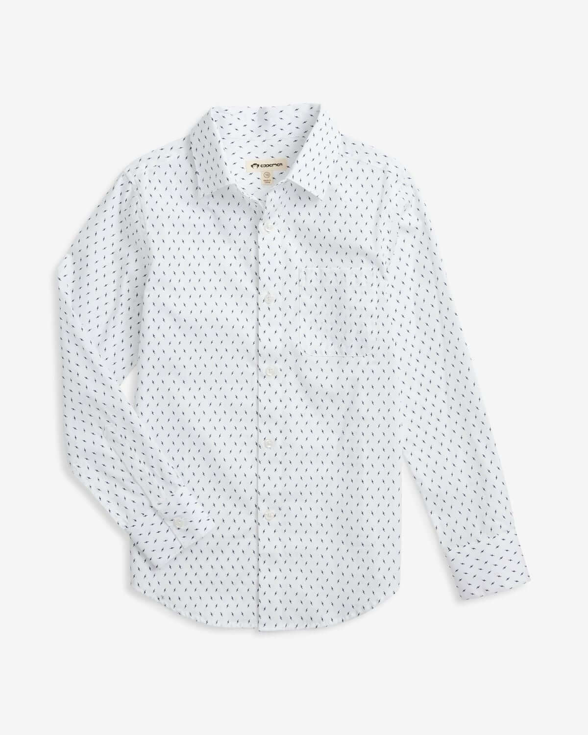Electrifying Standard Button Down shirt in white with navy blue lightning bolt print, perfect for kids' trendy wardrobe.