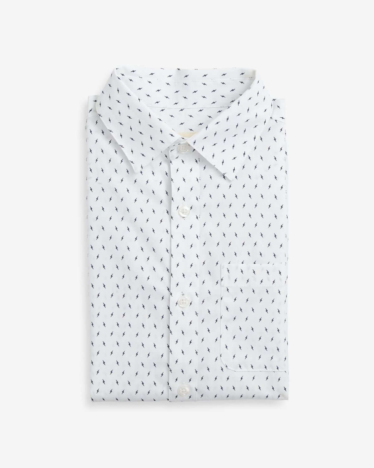 Electrifying Standard Button Down featuring a navy blue lightning bolt print on a crisp white shirt.