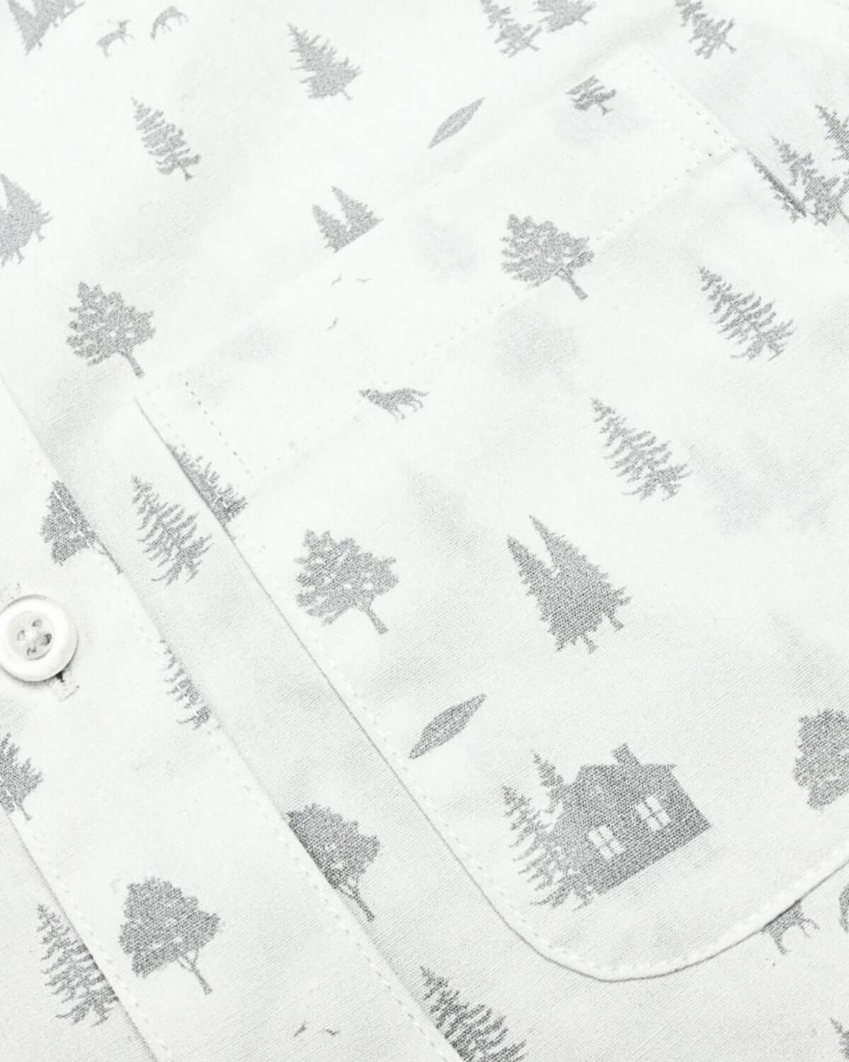 In The Wild Standard Button Down shirt featuring a soft, cotton fabric with tree and house patterns.
