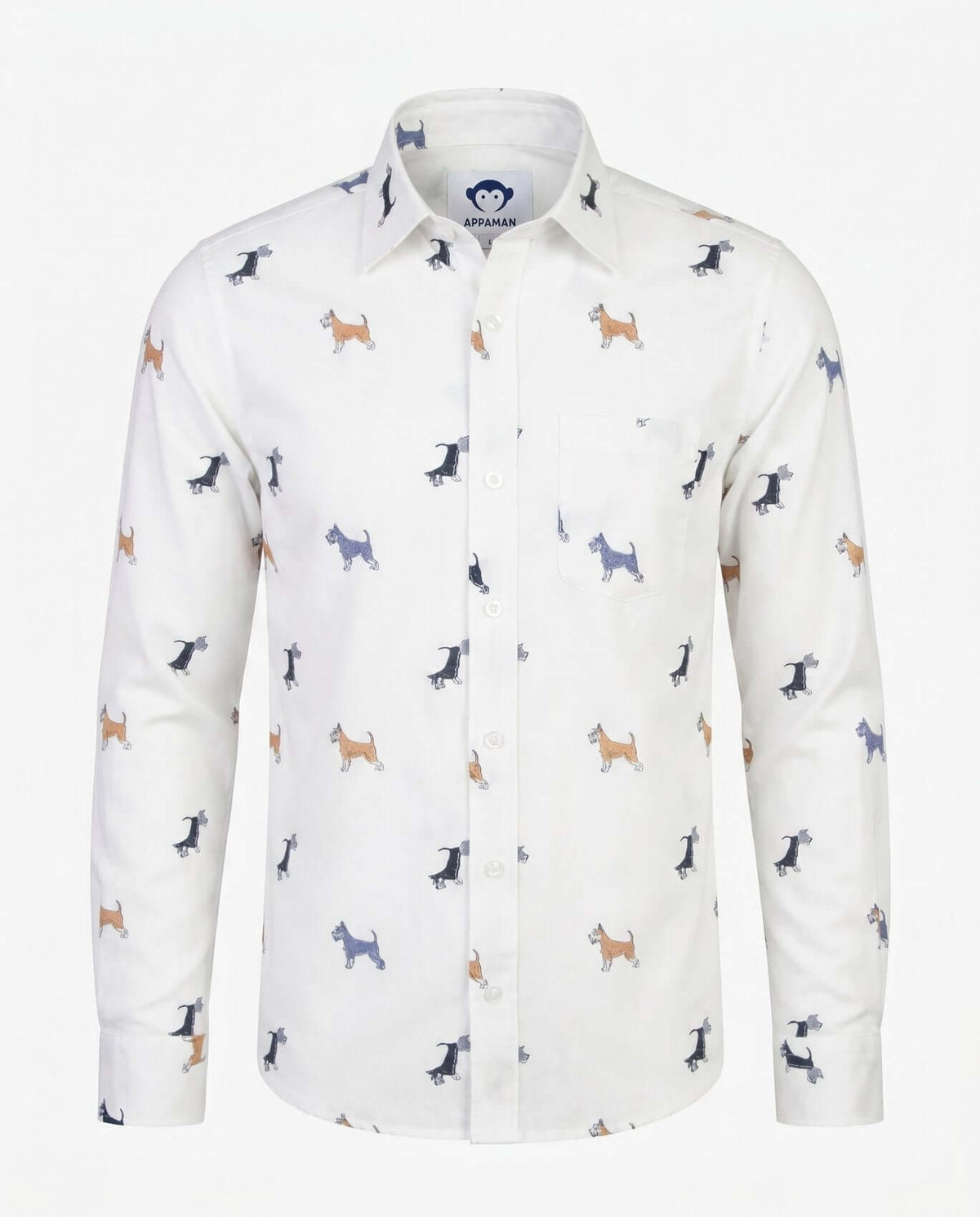 Scotty Standard Button Down Shirt featuring playful scotty-dog print, perfect for active boys' formal occasions.