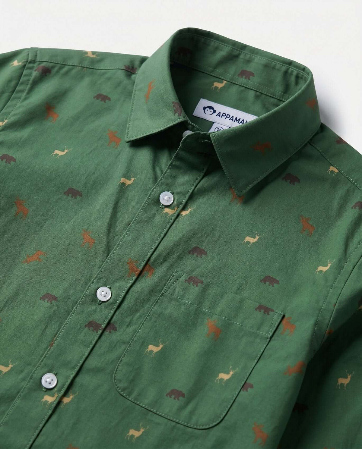 Wildlife Standard Button Down Shirt with wildlife-inspired print in green fabric.
