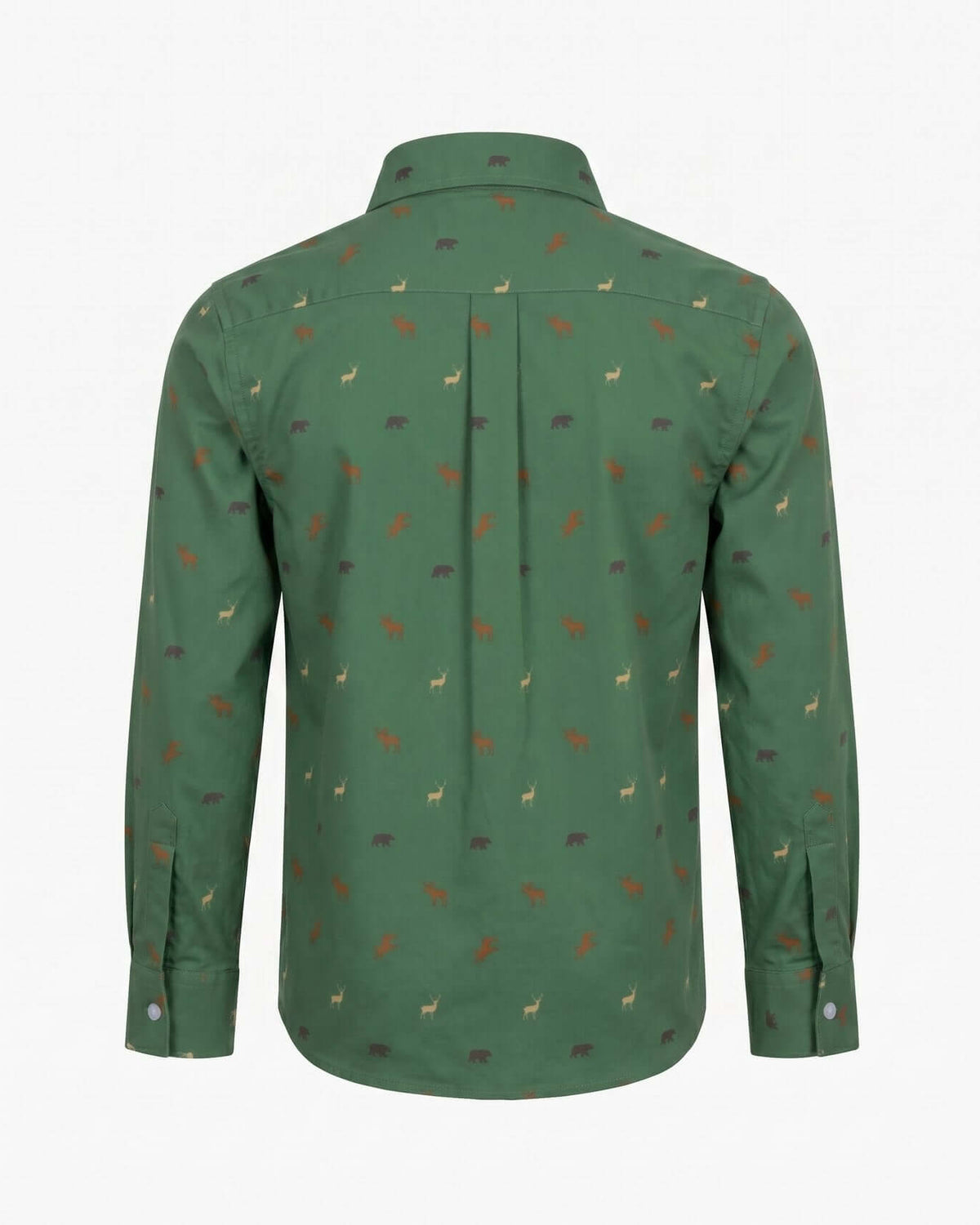 Back view of the Wildlife Standard Button Down Shirt in green with fun wildlife-inspired print for kids.