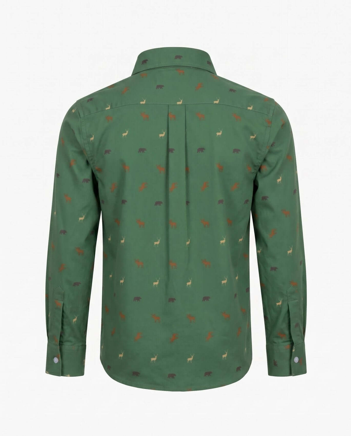 Back view of the Wildlife Standard Button Down Shirt in green with fun wildlife-inspired print for kids.