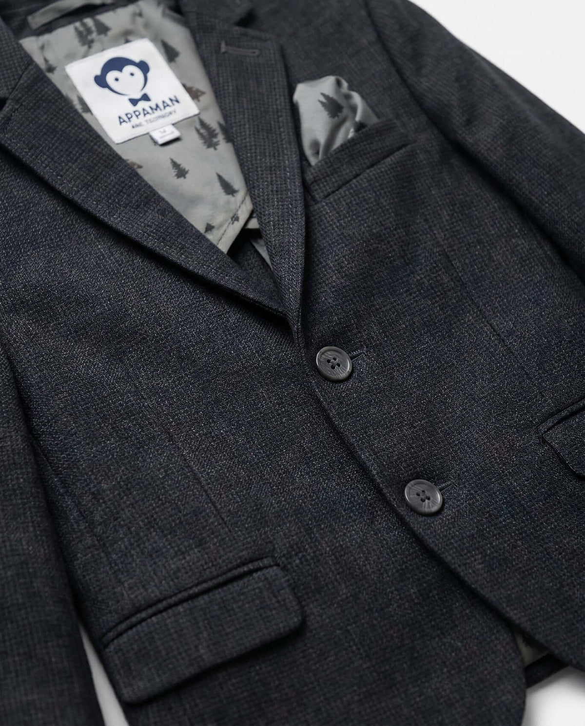Black Micro Houndstooth Stretchy Mod Suit with notched lapels and classic two-button closure by Appaman.