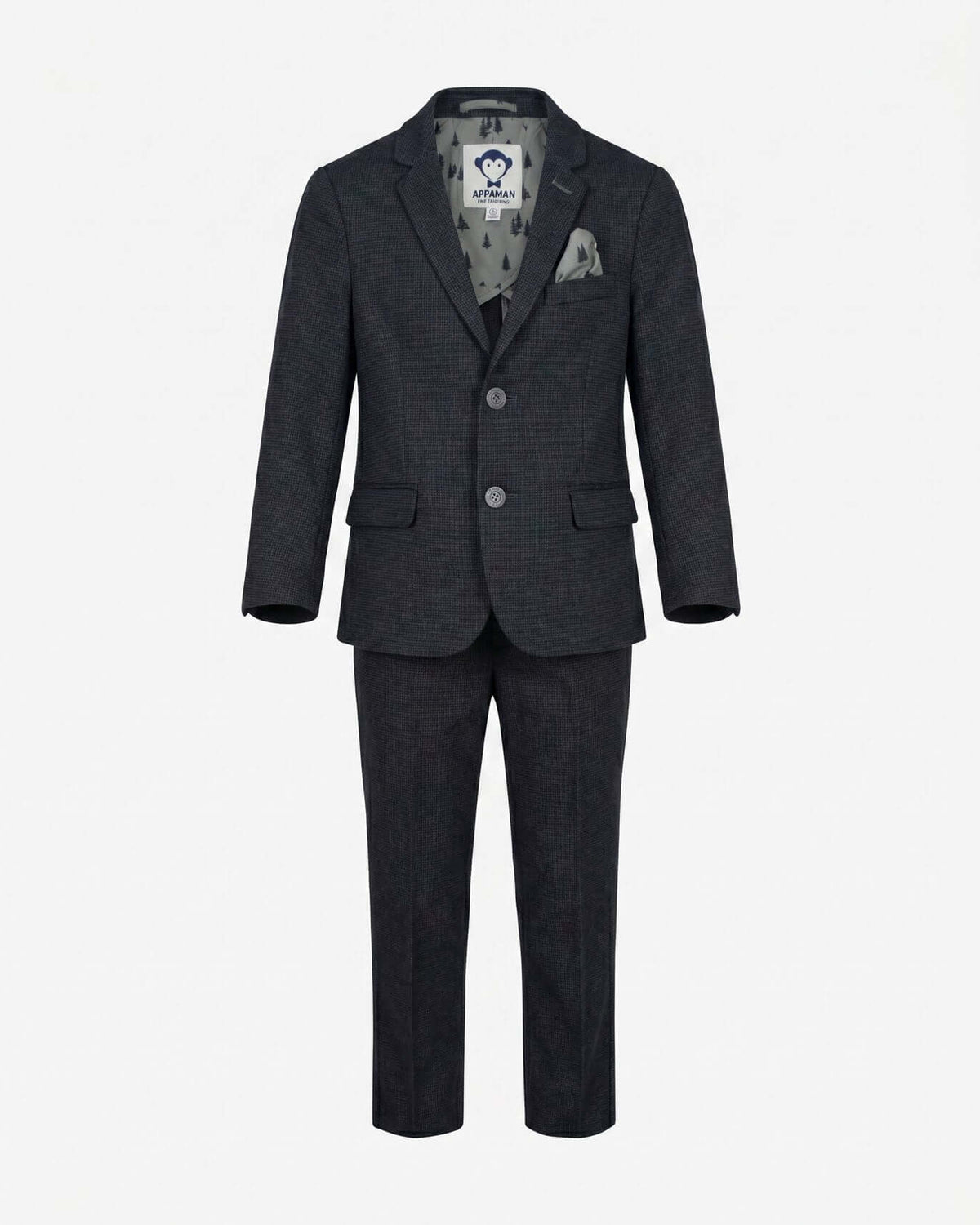 Black Micro Houndstooth Stretchy Mod Suit for active boys, slim tailored design with notched lapels and two-button closure.
