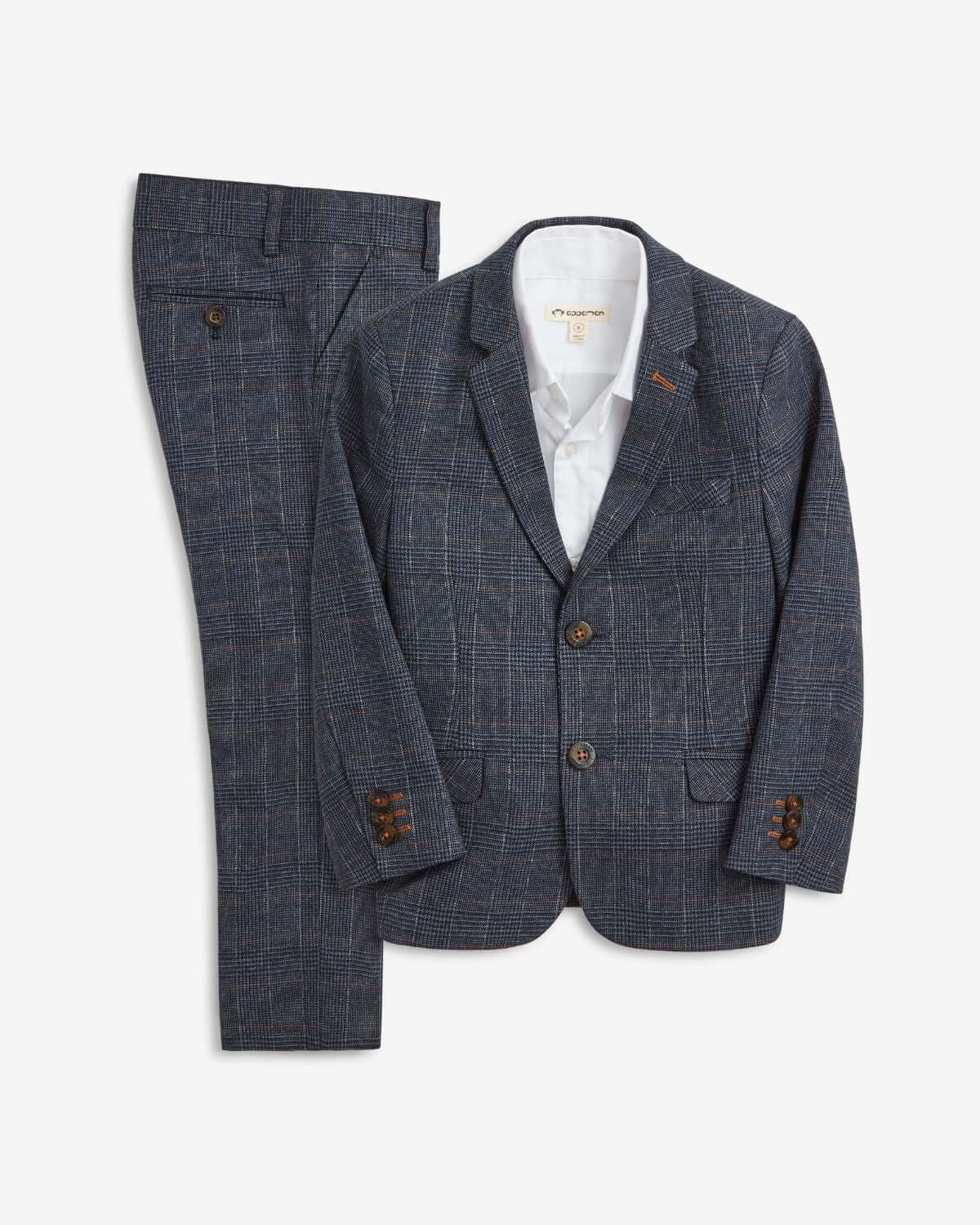 Gotham Plaid Stretchy Mod Suit for kids featuring a stylish blazer and pants in modern plaid pattern.