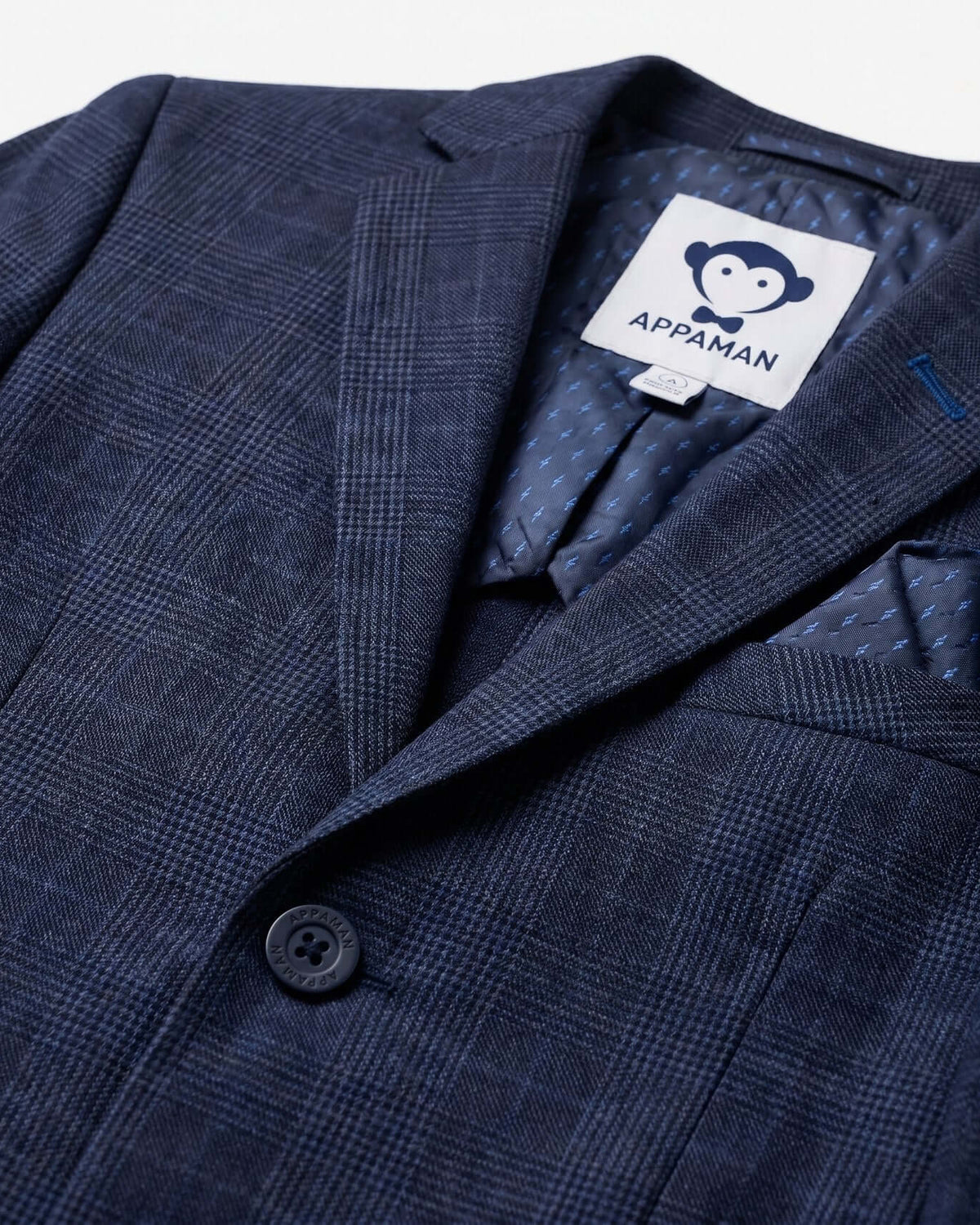 Shadow Prince of Wales Stretchy Mod Suit featuring a dark navy checkered pattern and Appaman tag.