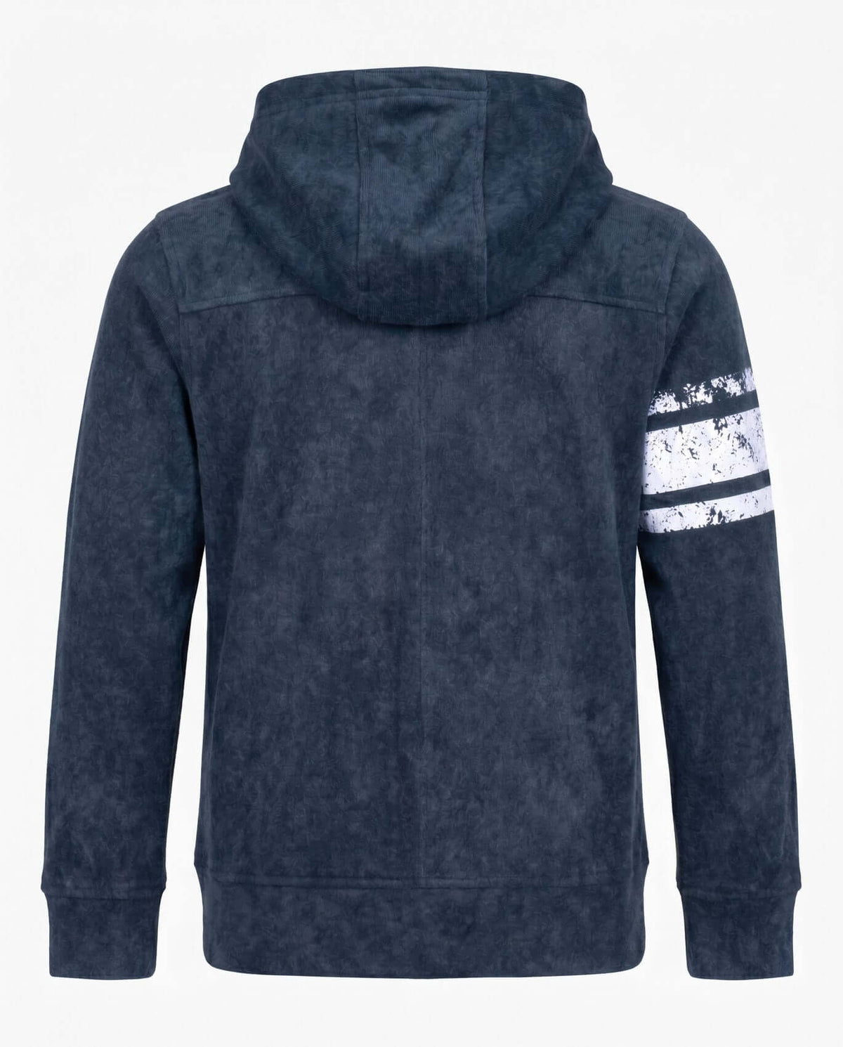 Back view of the Dark Navy Strivers Hoodie with a hood and striped design on the sleeve.
