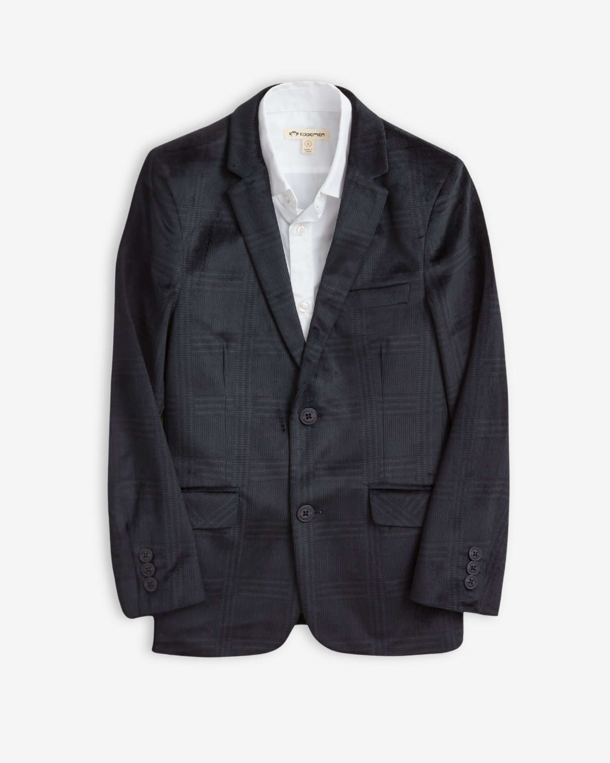 Midnight Velvet Plaid Blazer for kids, featuring luxurious velvet, classic buttons, and sharp tailoring.
