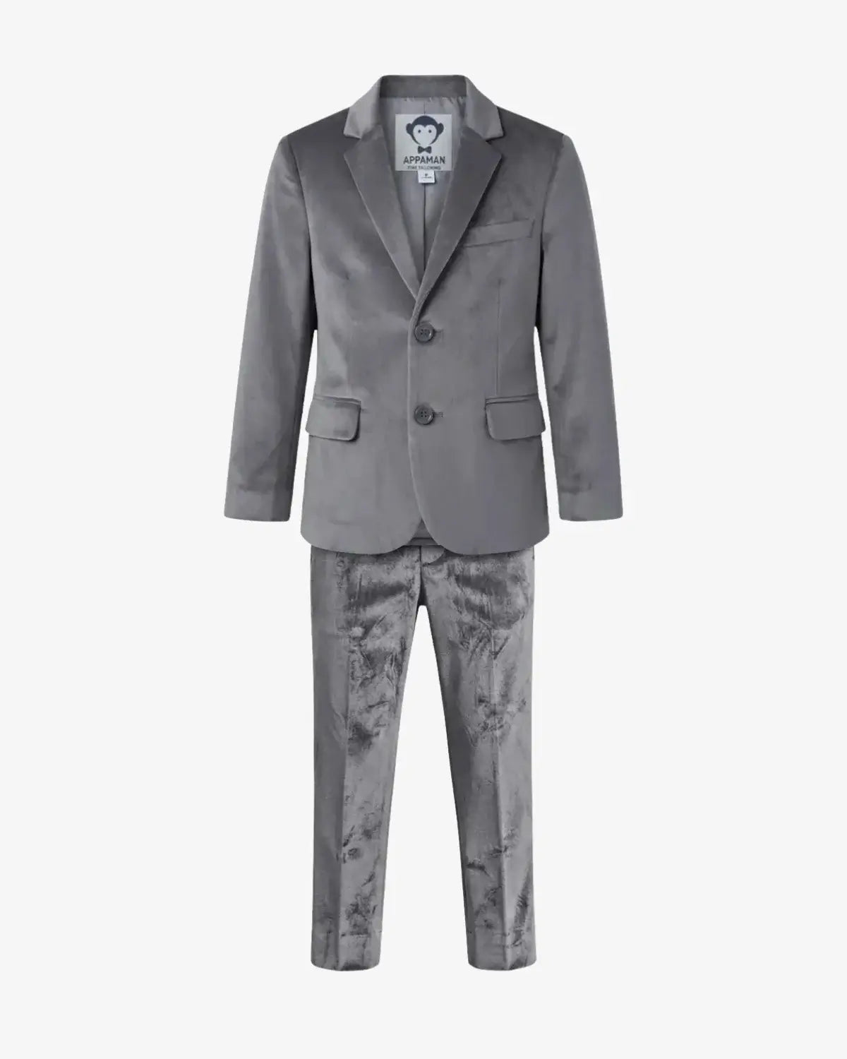 A boy's two-piece suit featuring a solid gray velvet blazer and matching gray patterned trousers, displayed on a clean white background.