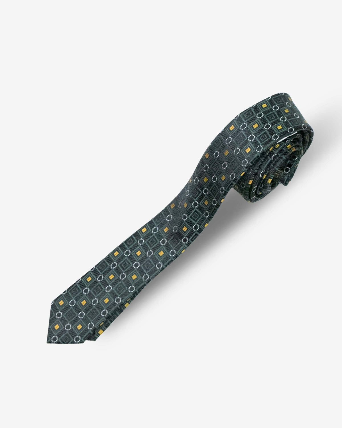 Gold Spruce Tie displayed in a rolled position, showcasing its unique green and yellow pattern.
