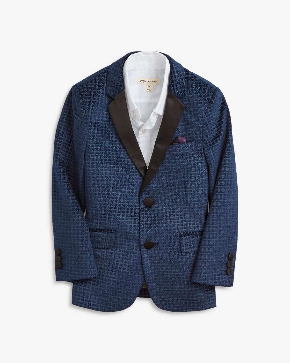 Navy Geo Velvet Tuxedo Jacket featuring a classic lapel, elegant buttons, and stylish pockets.