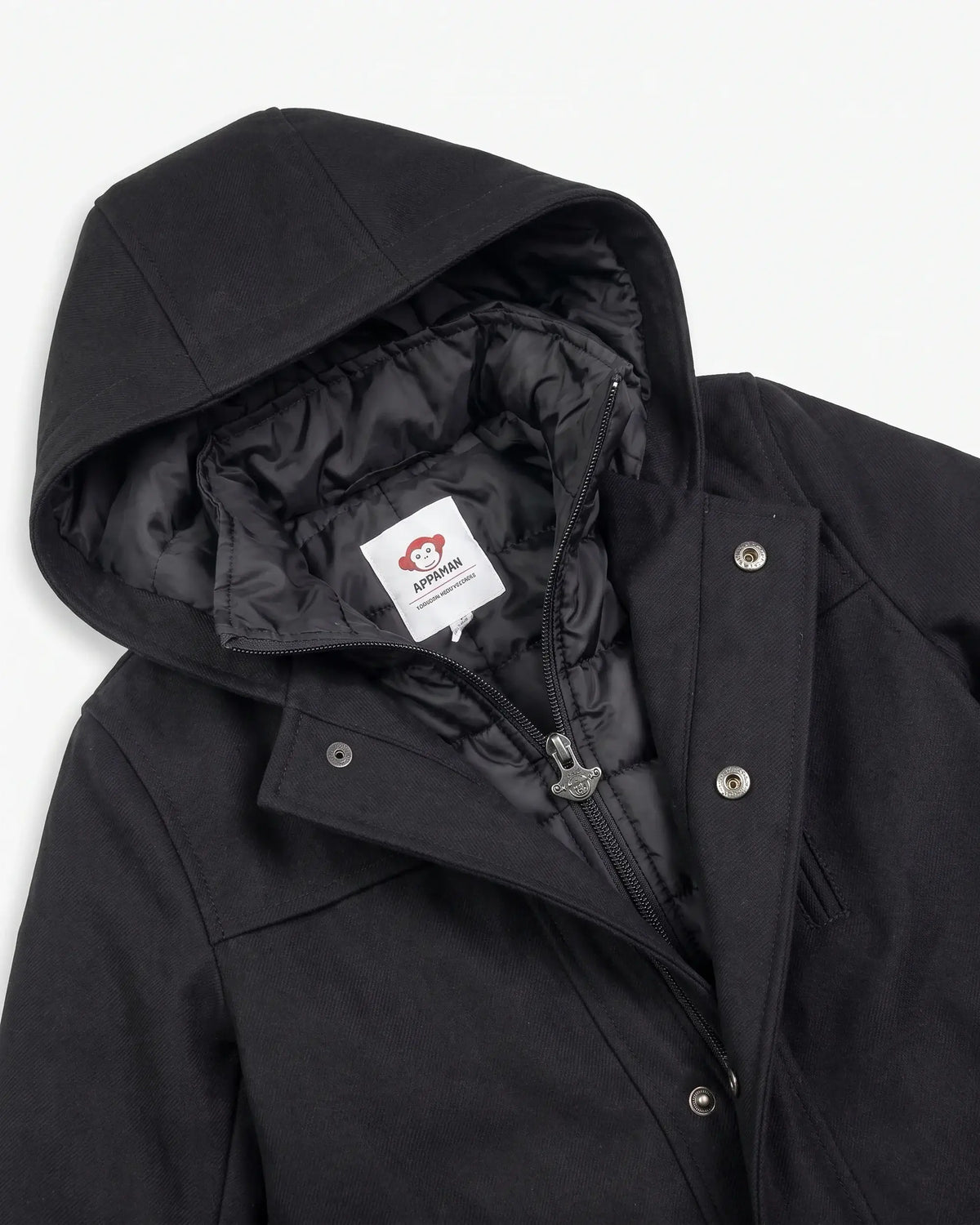 Black Urban Gotham Coat featuring a hood and removable vest, crafted from premium fabrics for stylish kids.