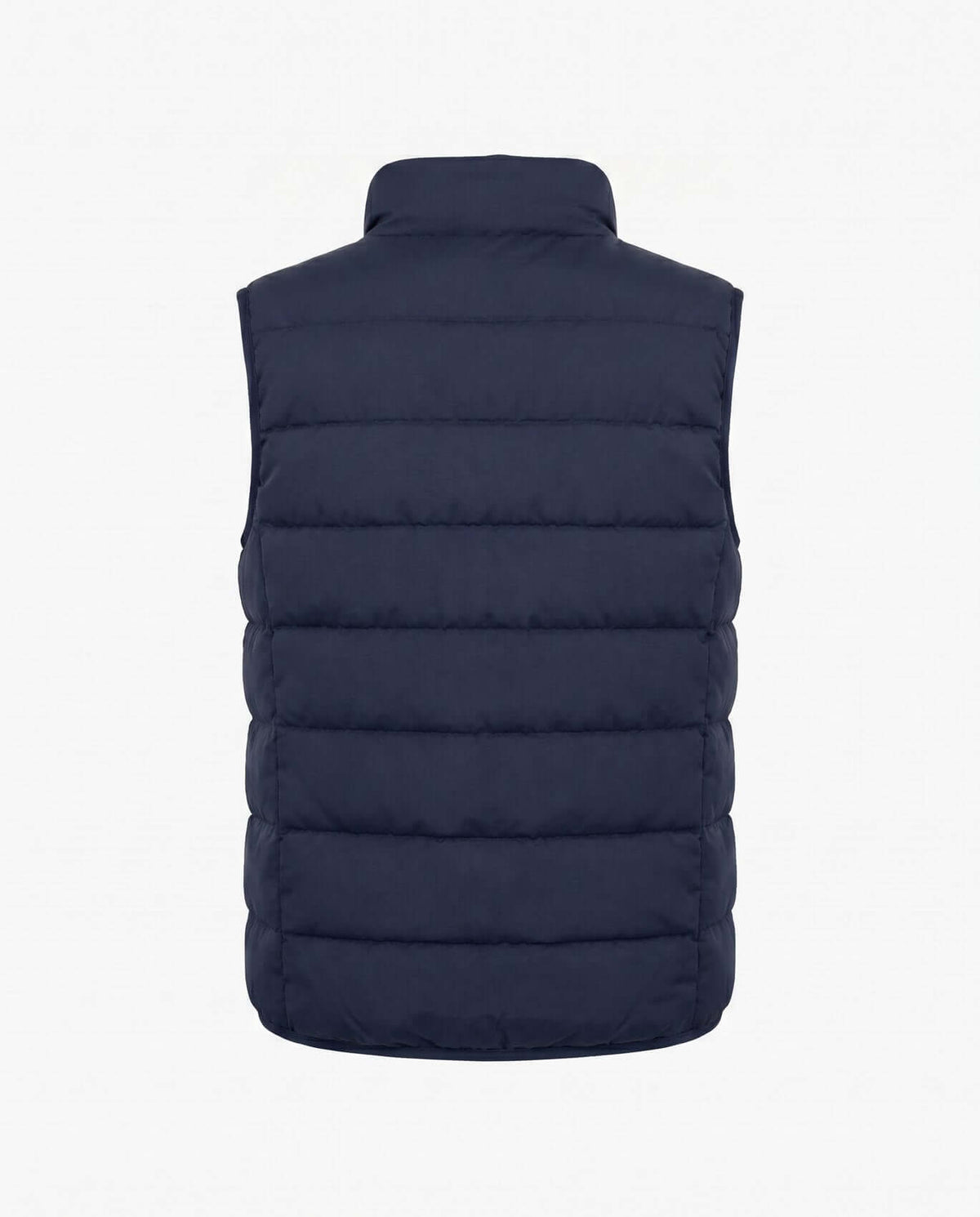 Back view of the Dark Navy Packable Vest designed for warmth and comfort, featuring a stand collar and zip closure.