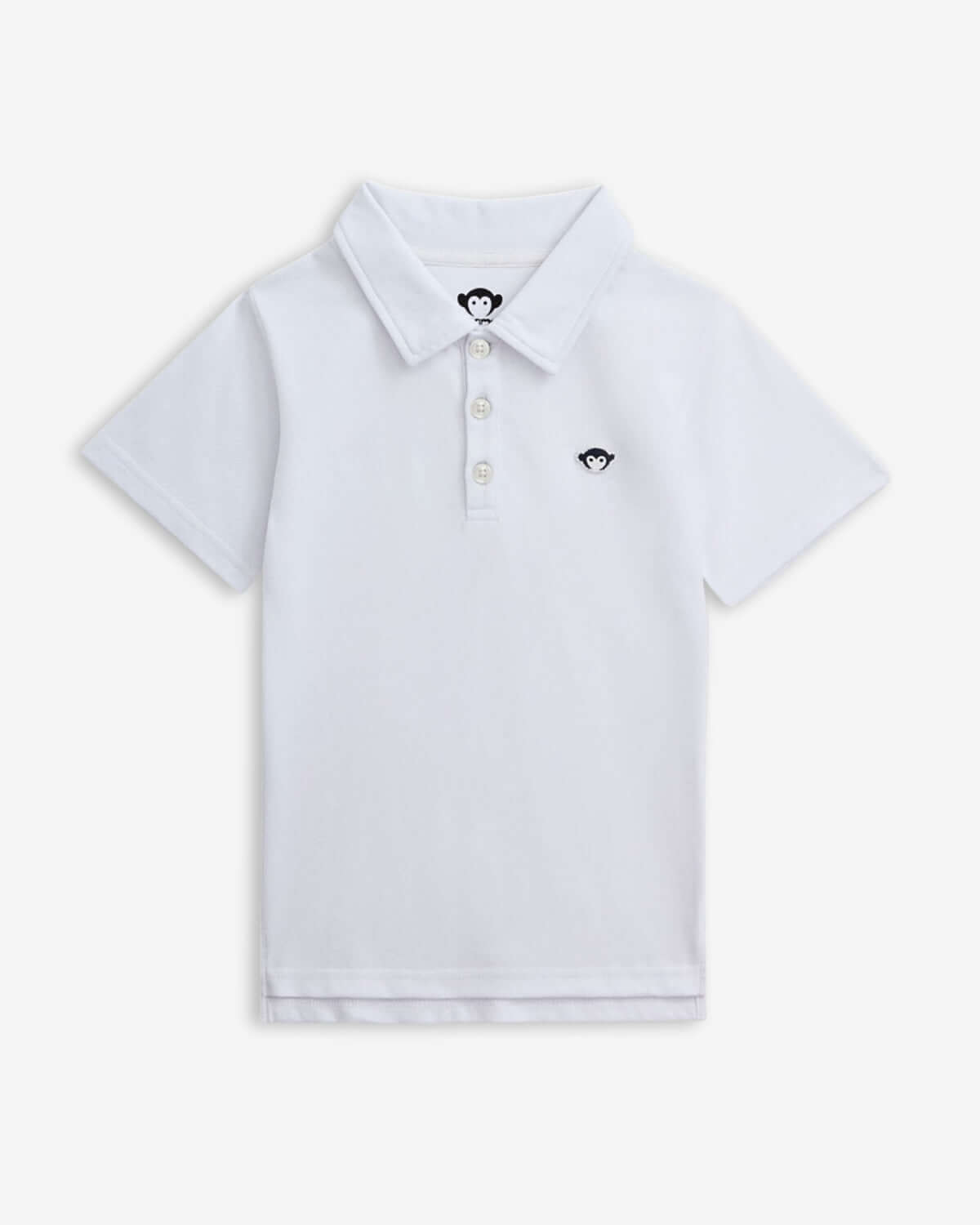 White Logo Fairbanks Polo showcasing a classic collar and signature monkey embroidery
