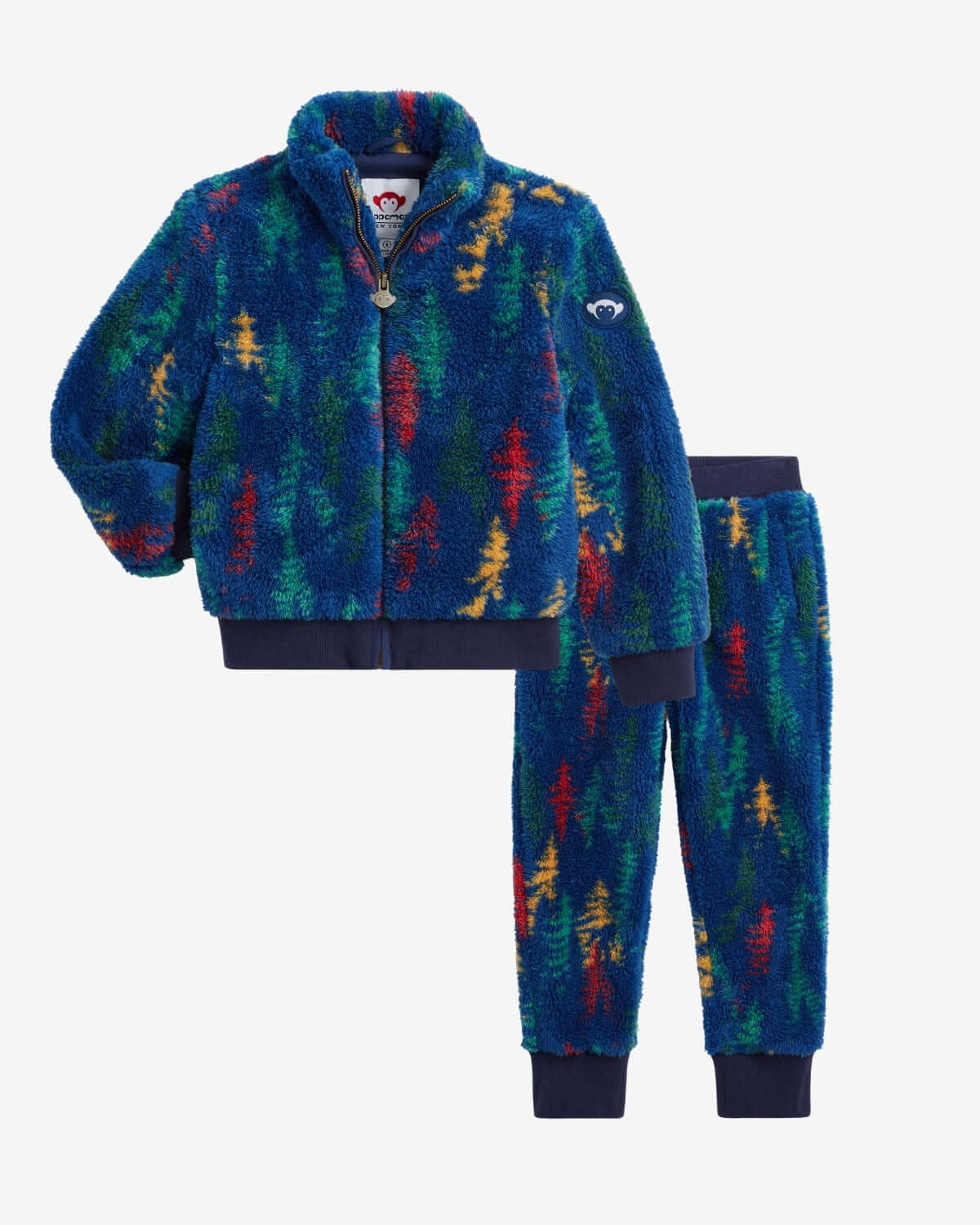Wilderness Fleece Sweat Set featuring a colorful zip-front jacket and joggers with elastic waistband.