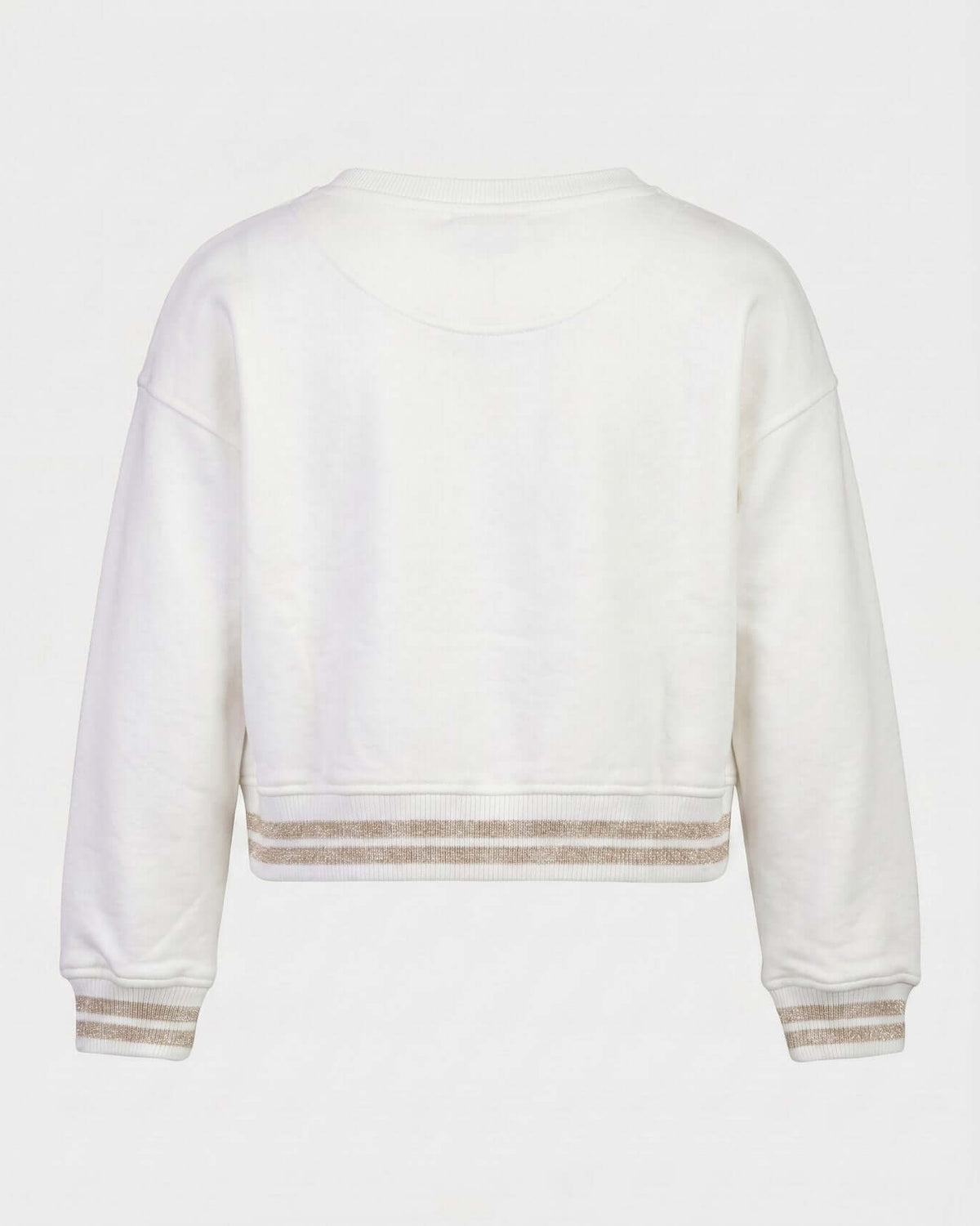 Back view of the Cream Bianca Graphic Sweatshirt featuring ribbed cuffs and a stylish design for active girls.