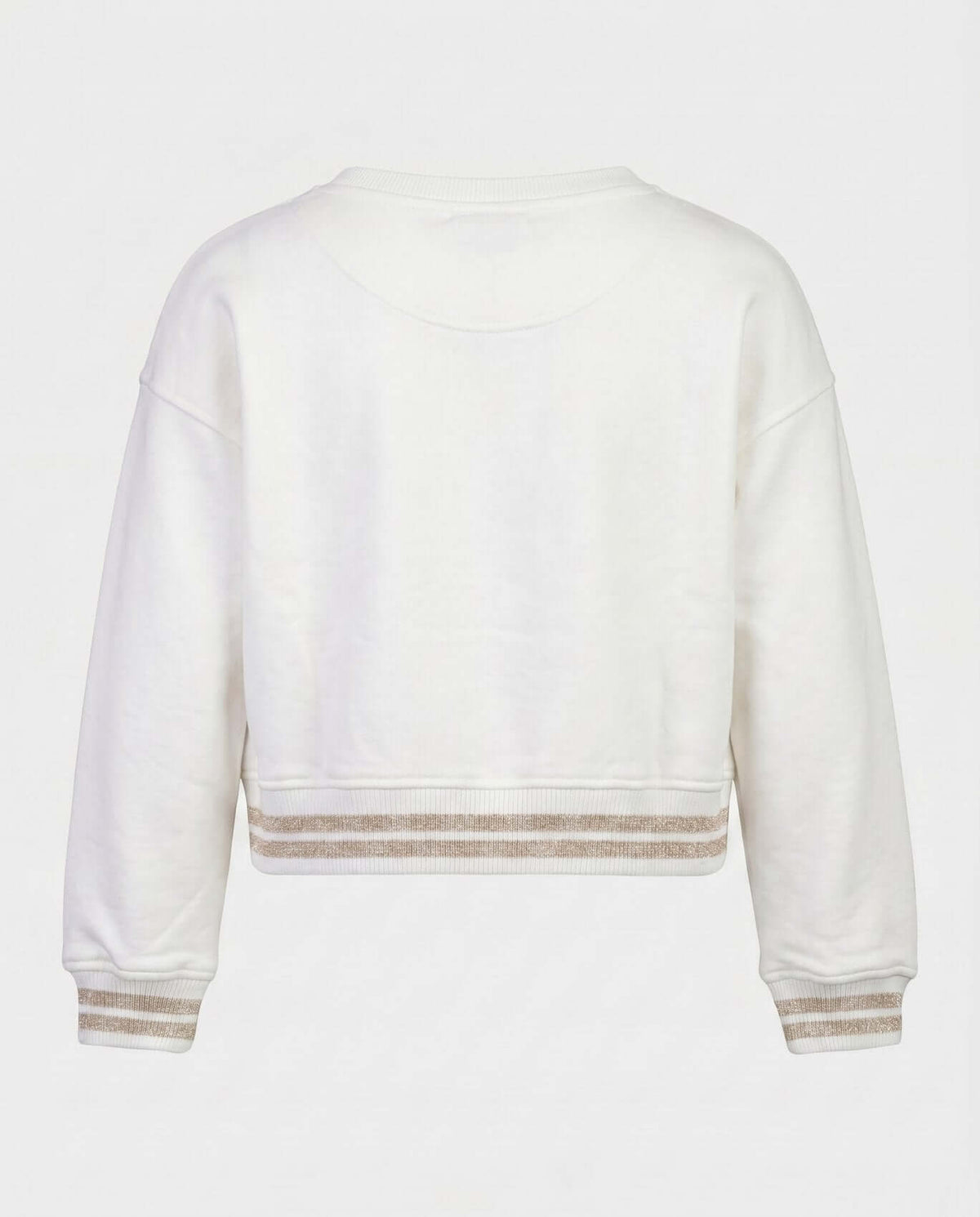 Back view of the Cream Bianca Graphic Sweatshirt featuring ribbed cuffs and a stylish design for active girls.