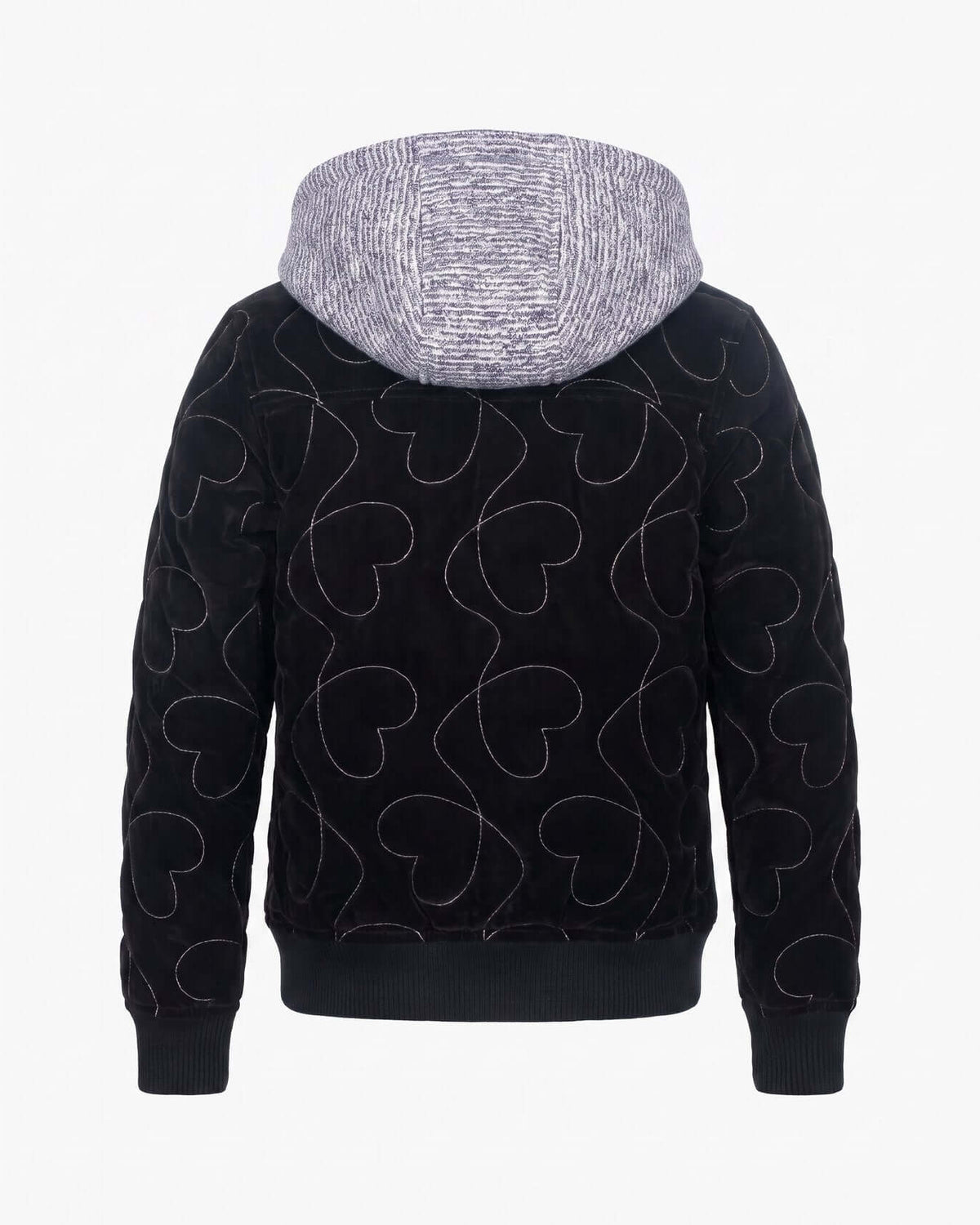 Back view of the Silver Hearts Bomber Jacket featuring silver heart embroidery and a stylish hood.