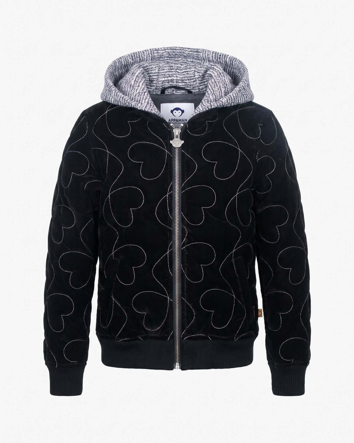 Silver Hearts Bomber Jacket with zip-front closure and heart embroidery, designed for comfort and style.