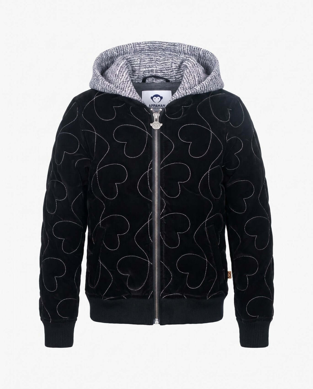 Silver Hearts Bomber Jacket with zip-front closure and heart embroidery, designed for comfort and style.