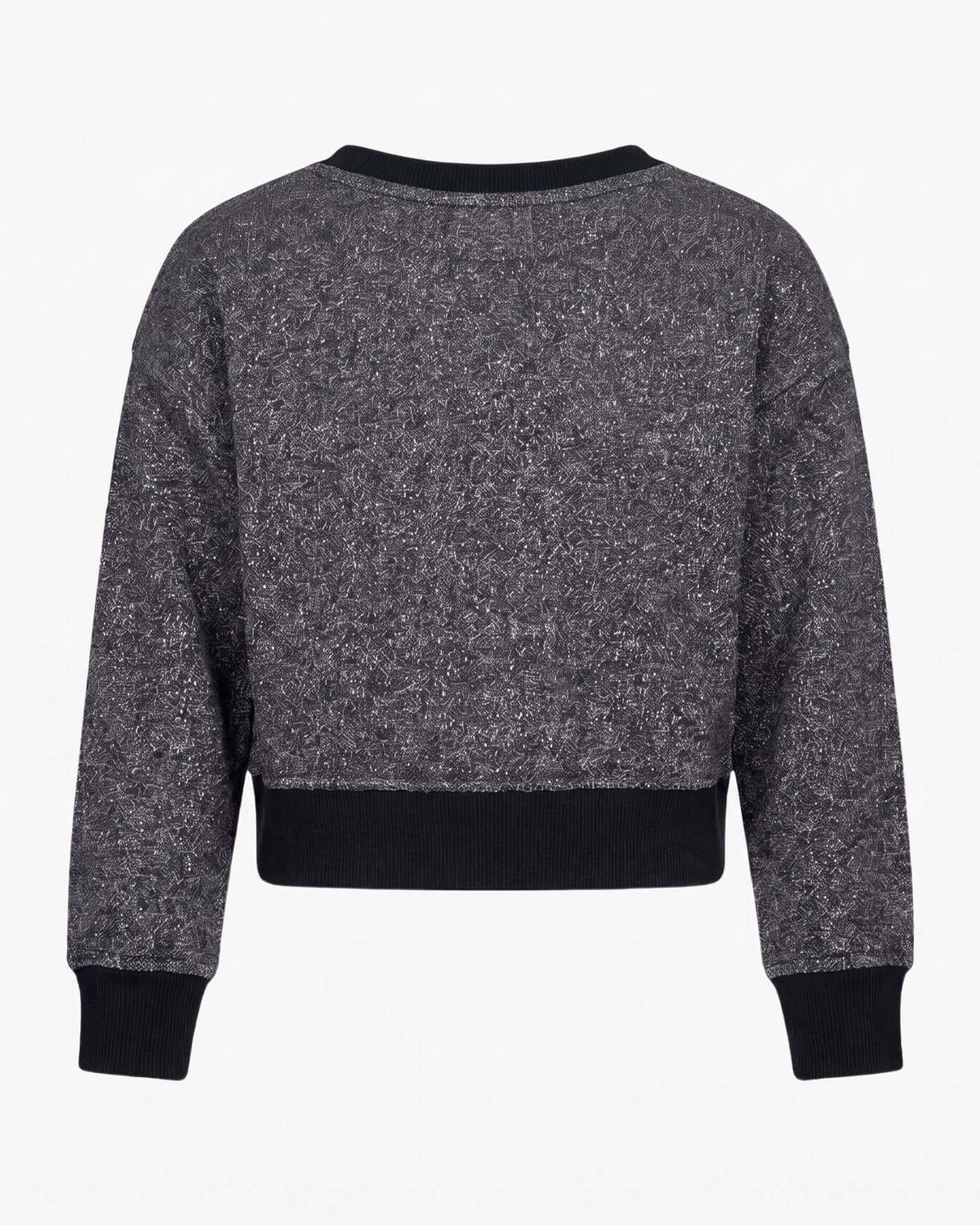 Back view of the Black Glitter City Sweatshirt featuring a soft fleece lining and ribbed hem.