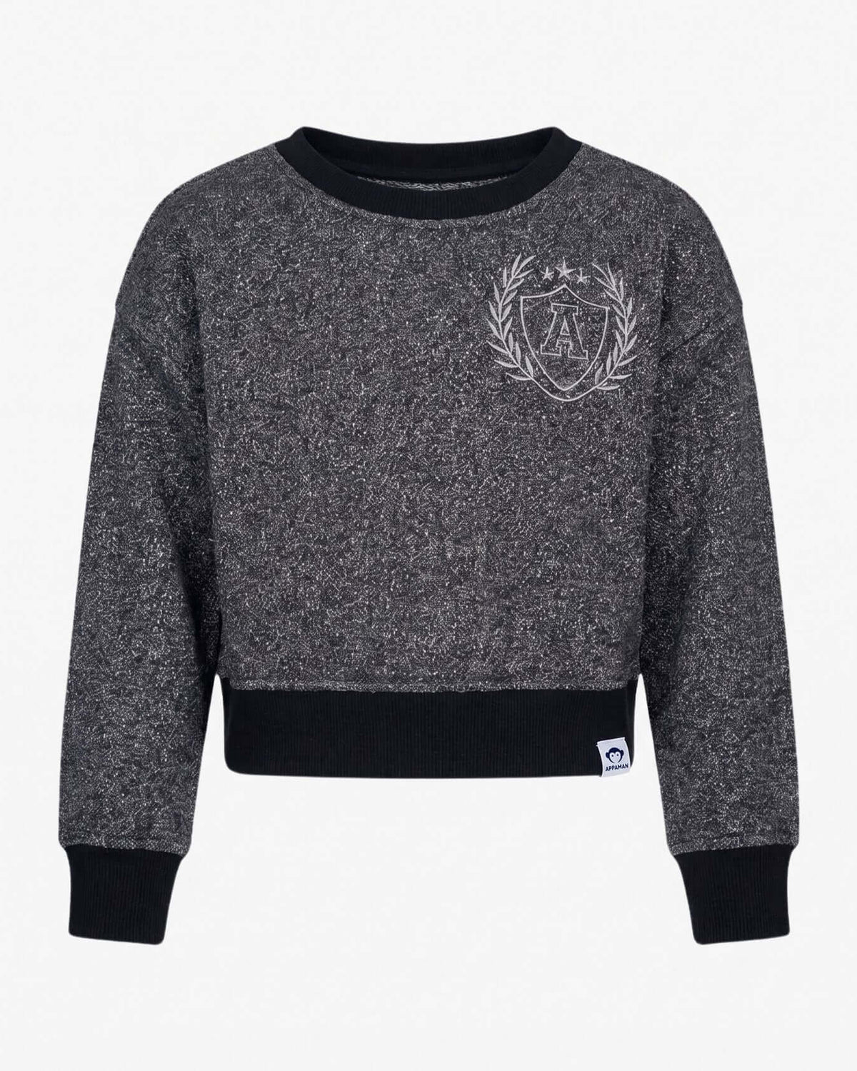Black Glitter City Sweatshirt in cozy midweight fabric with soft fleece lining and ribbed cuffs.
