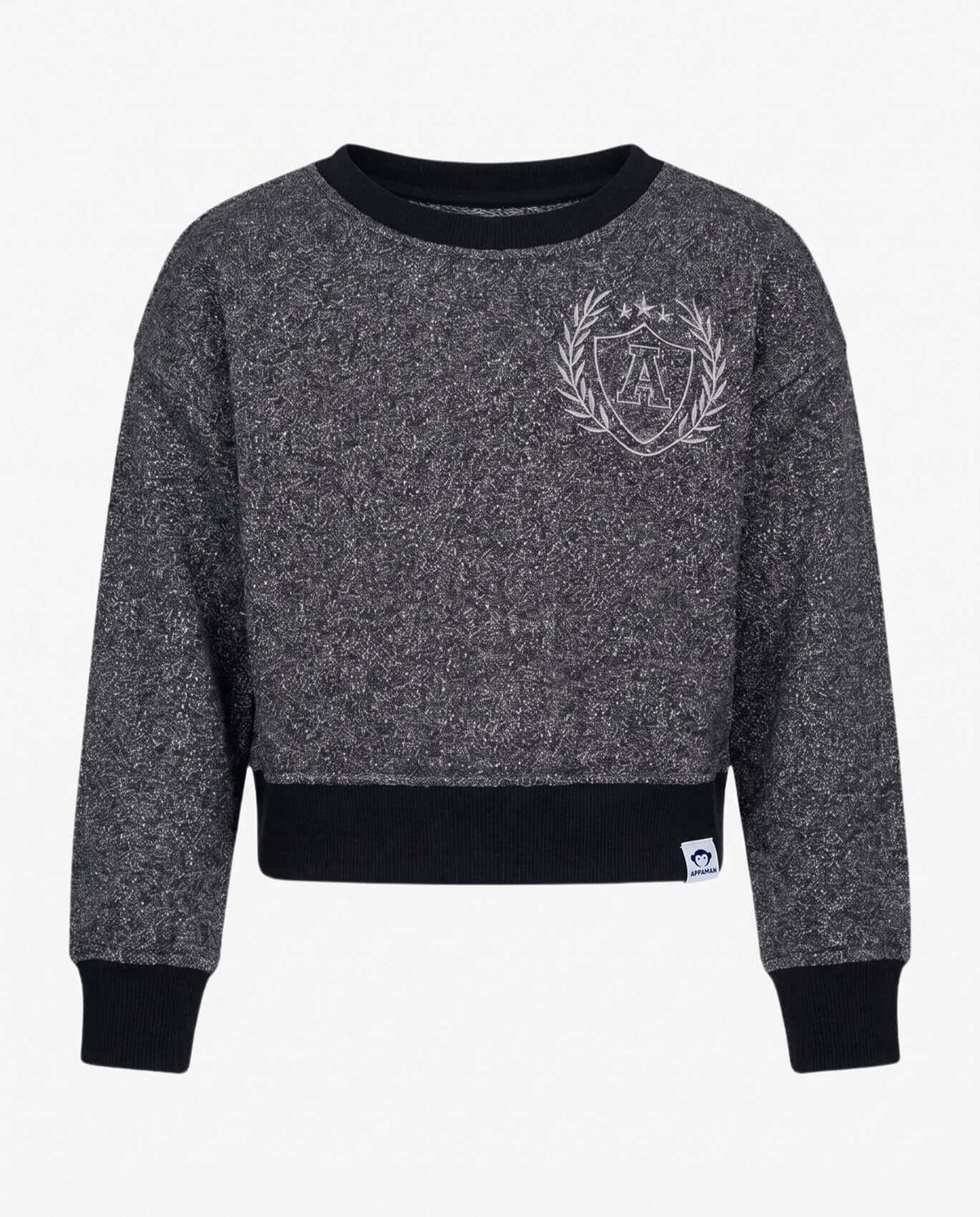 Black Glitter City Sweatshirt in cozy midweight fabric with soft fleece lining and ribbed cuffs.