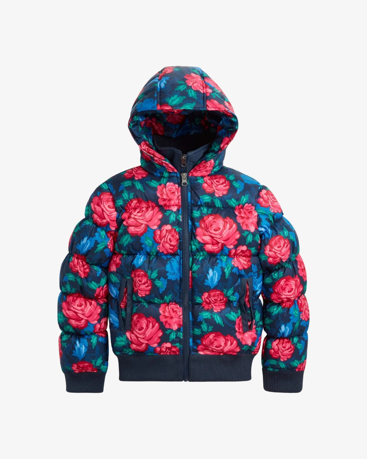 Appaman girls' rose floral print puffer jacket.