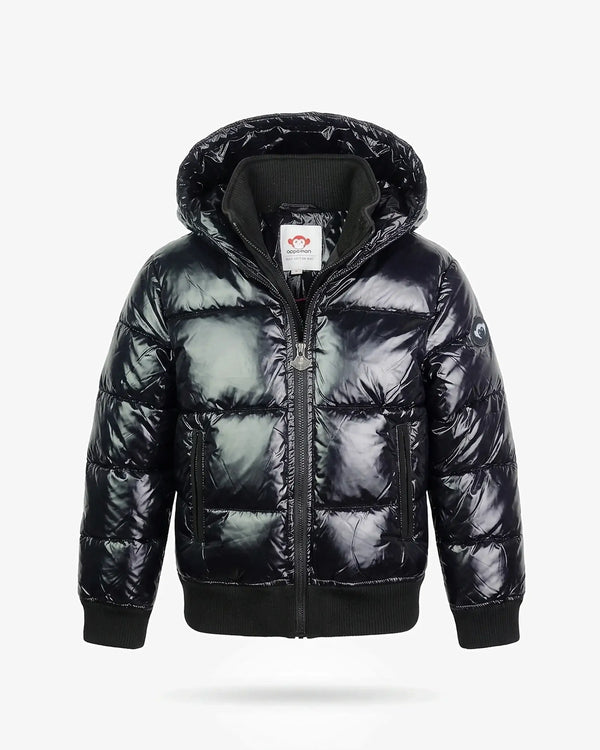 Shiny Black Flurry Coat featuring insulation and weather-resistant shell for warmth and style.