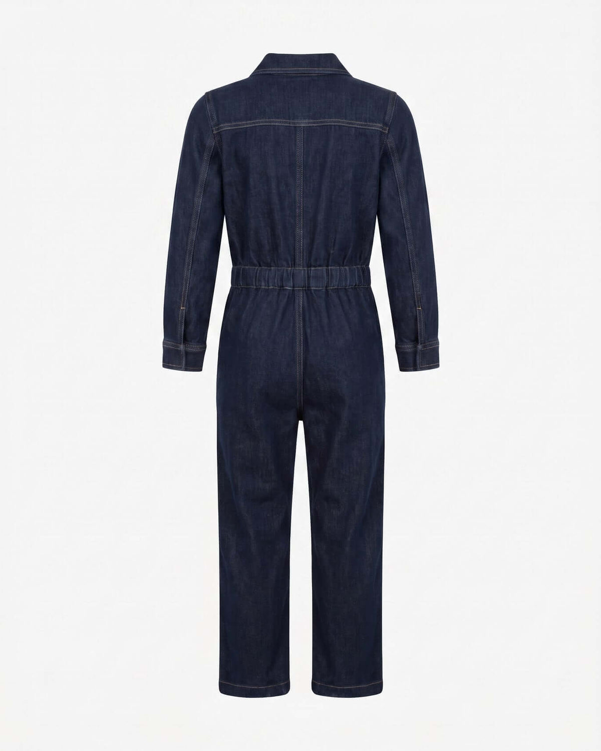 Back view of Moonlight Wash Jojo Denim Jumpsuit showing relaxed fit and long sleeves, ideal for active kids.
