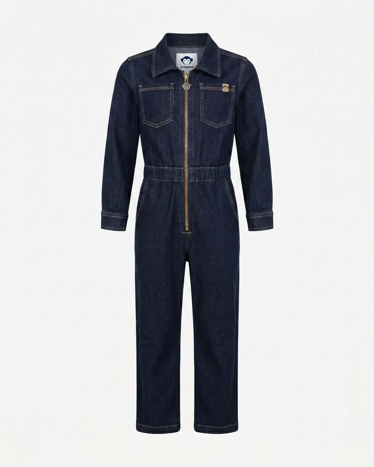 Moonlight Wash Jojo Denim Jumpsuit featuring long sleeves, relaxed fit, and zipper closure for easy wear.