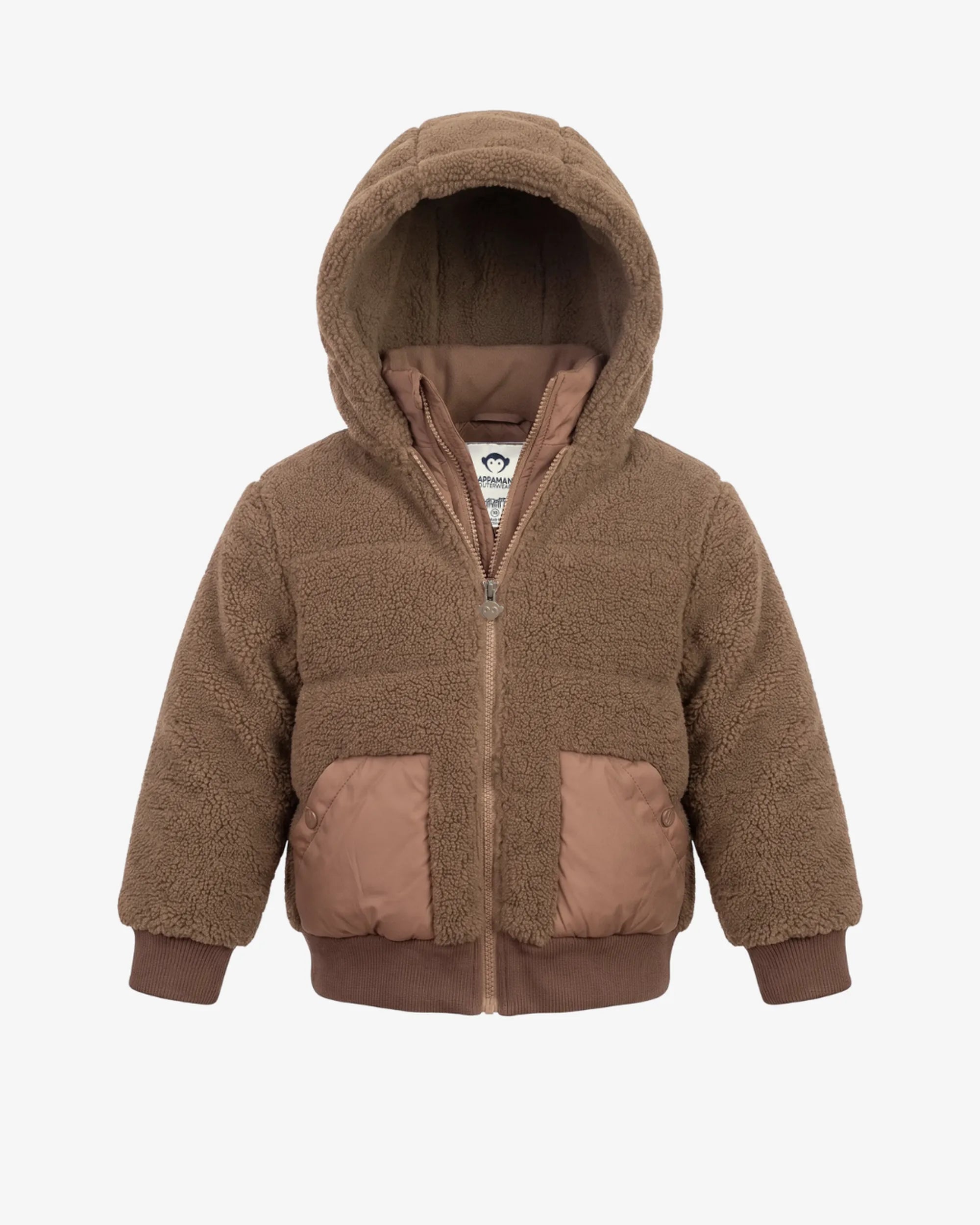 A brown sherpa fleece zip-up hooded jacket with quilted front pockets, shown on a plain light gray background.
