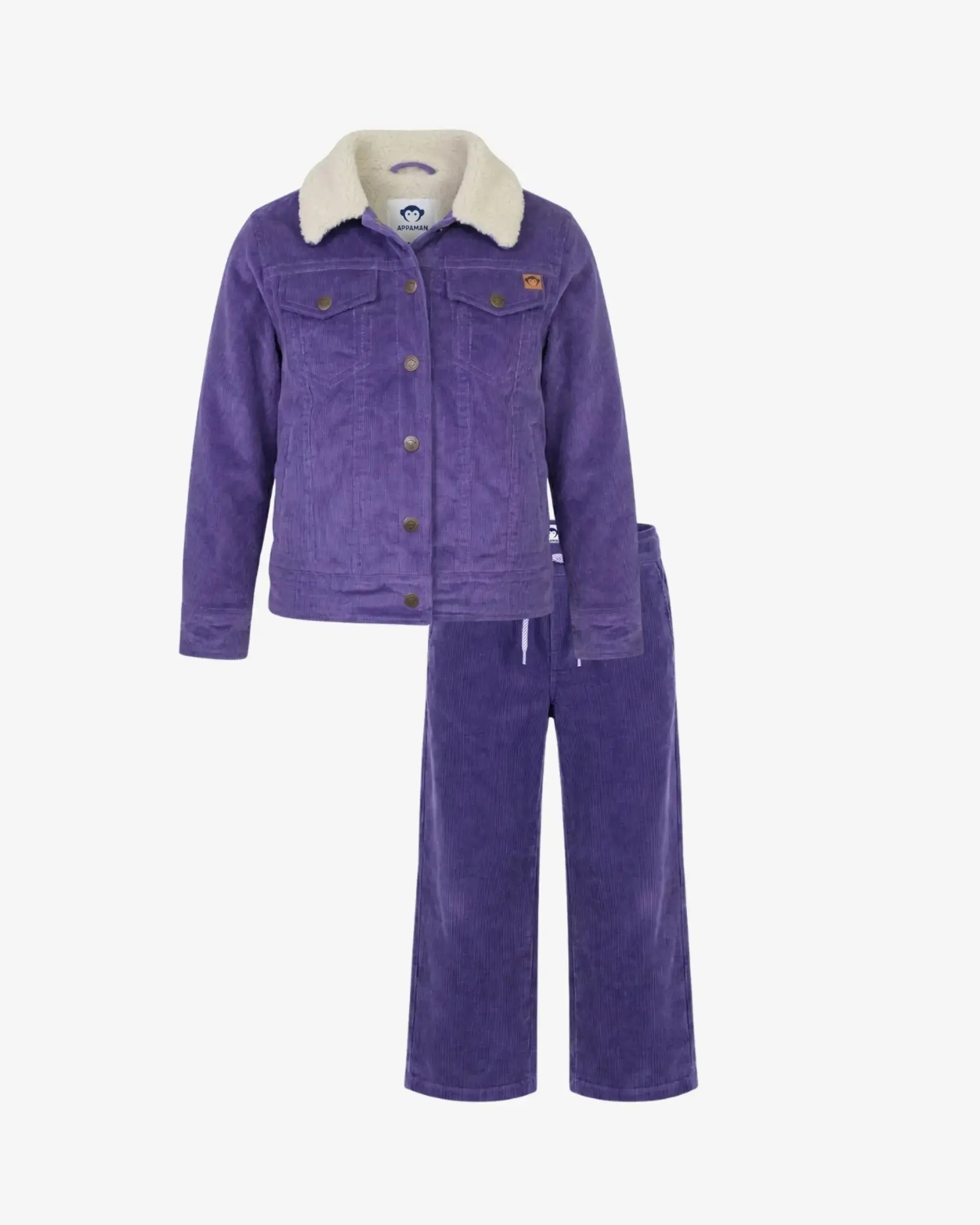 A two-piece children's outfit set consisting of a purple corduroy jacket with a cream fleece collar and matching wide-leg pants, shown against a plain light gray background.