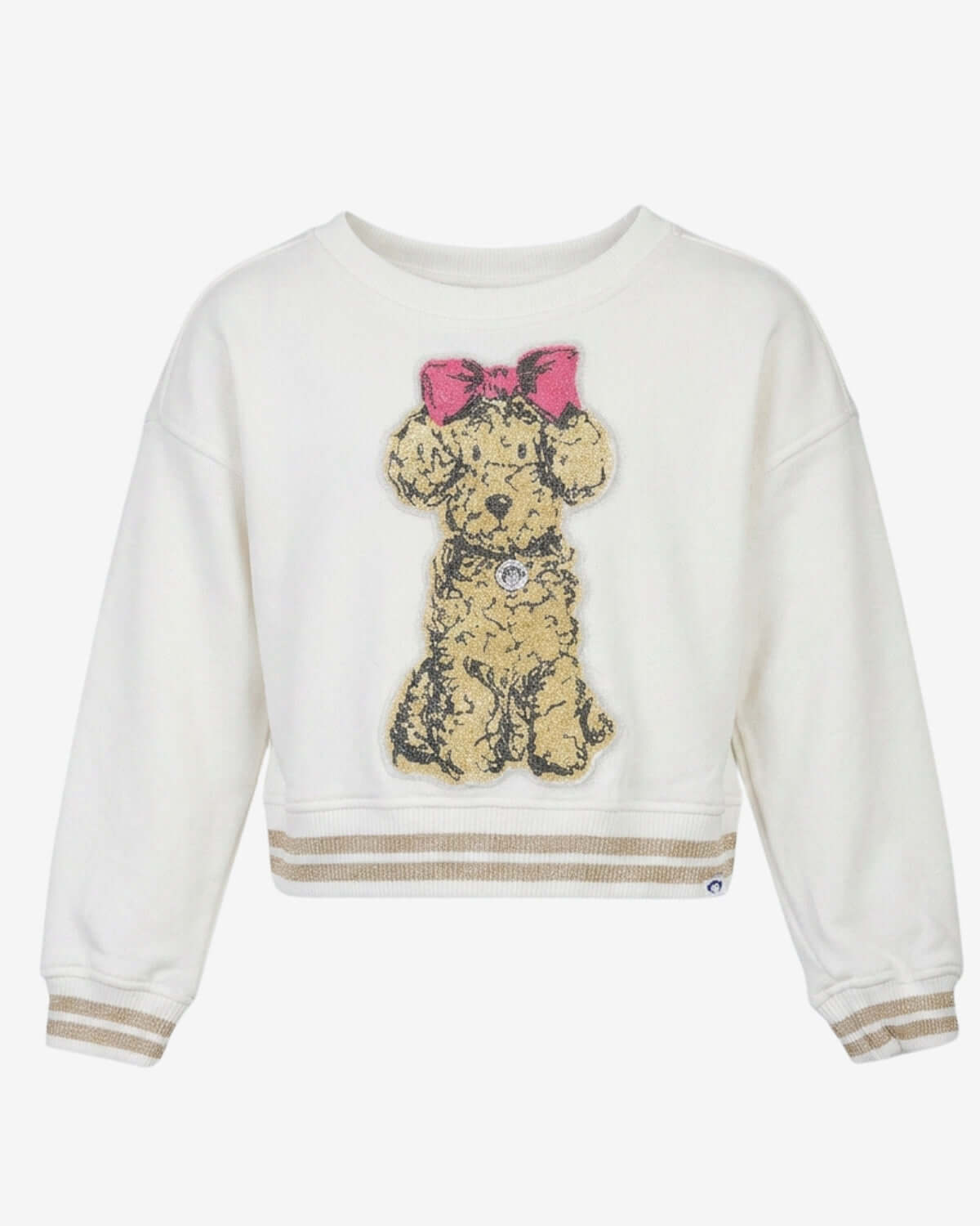 White sweatshirt with a dog graphic and pink bow on a white background