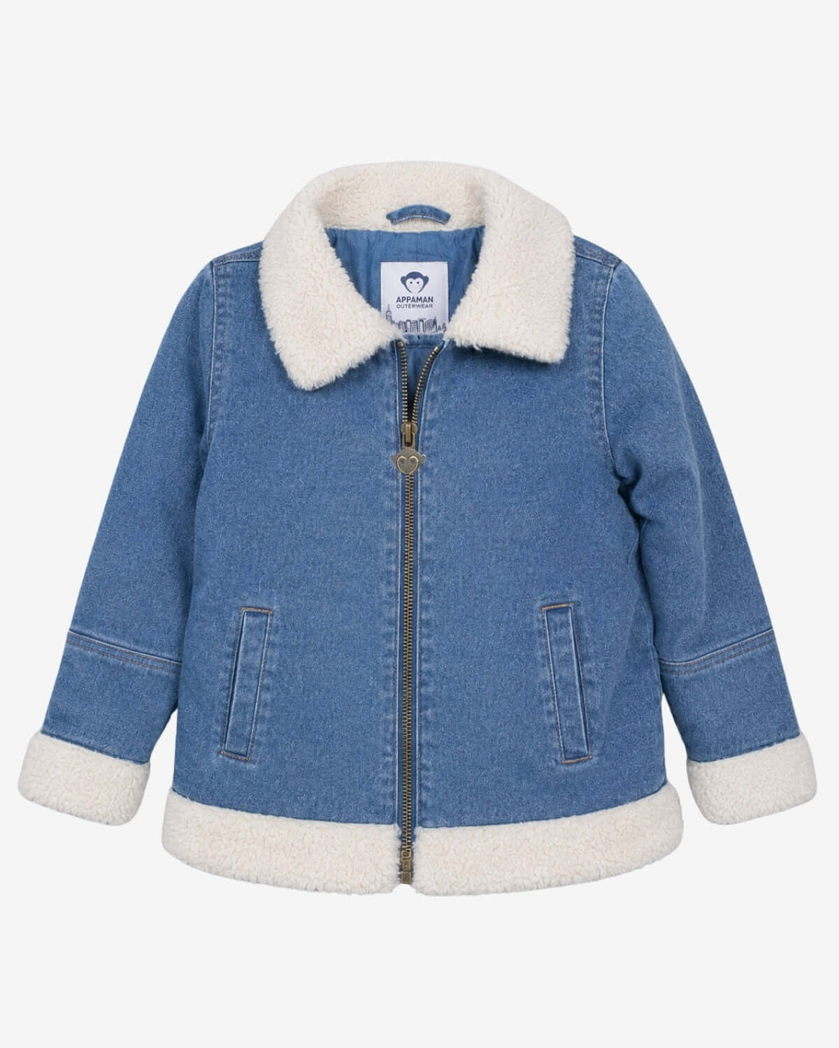 Cozy denim sherpa jacket from the Cambridge Wash Set, featuring full zip and soft lined collar.