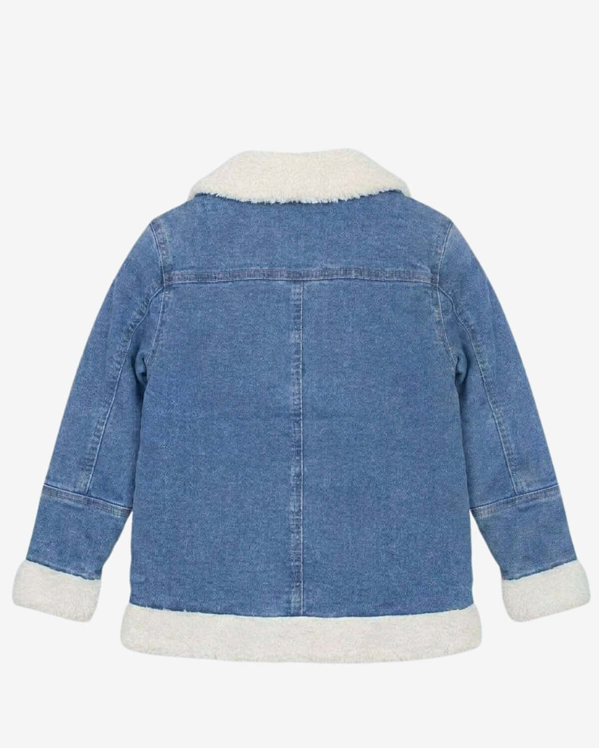 Blue denim jacket with white fur lining on a white background