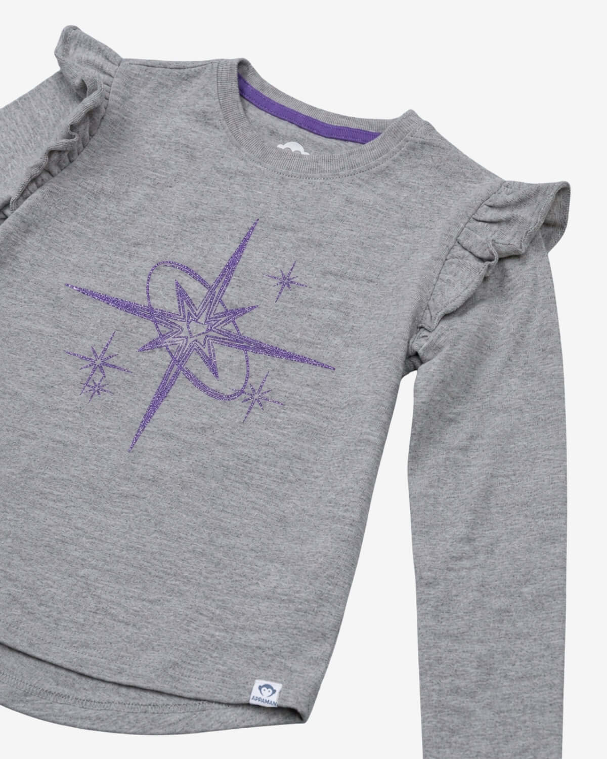 Gray long-sleeve shirt with purple star design on a white background