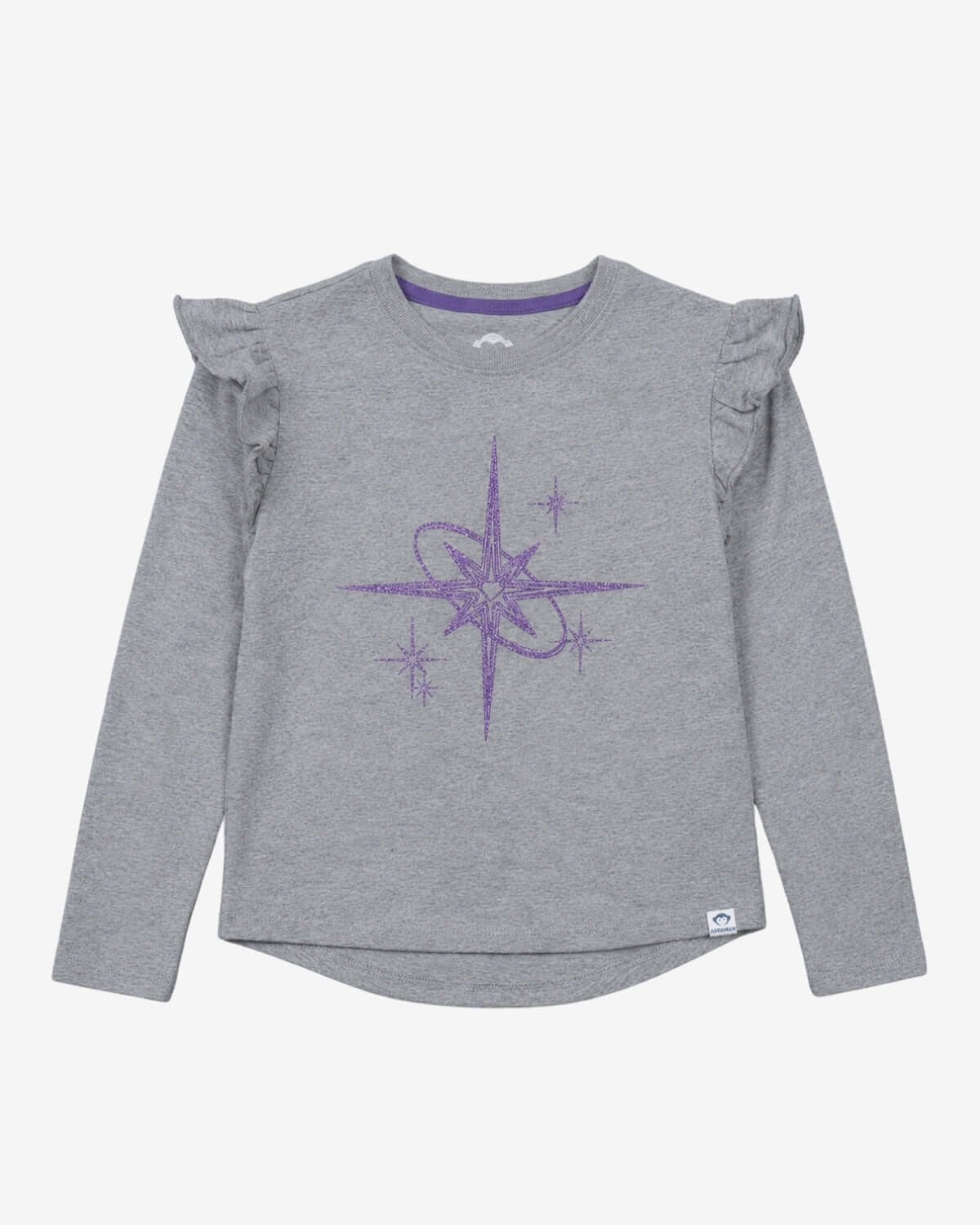 Gray long-sleeve shirt with purple star design on a white background