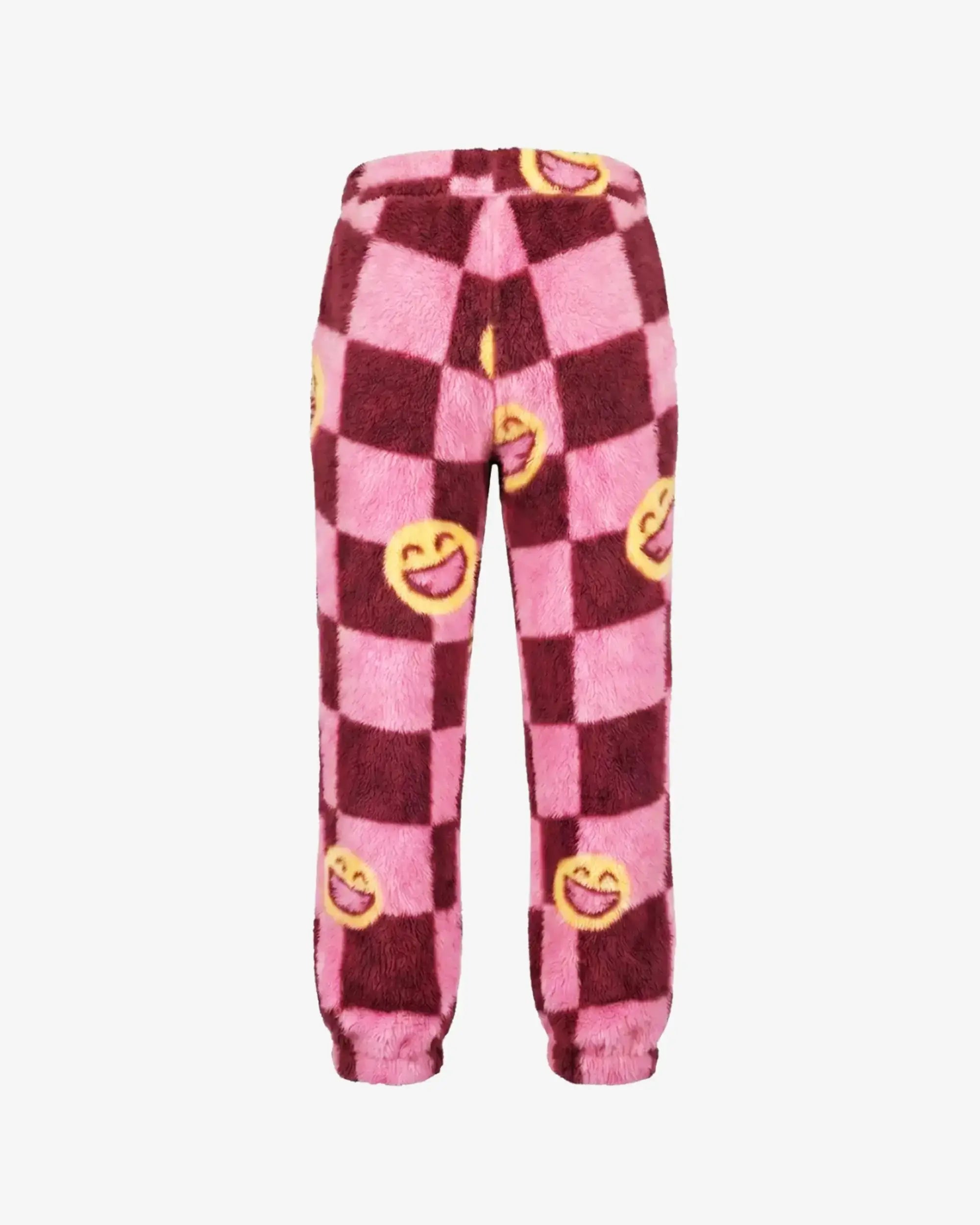 Pink and dark red checkered fleece pants with yellow smiley face prints, shown against a plain white background.