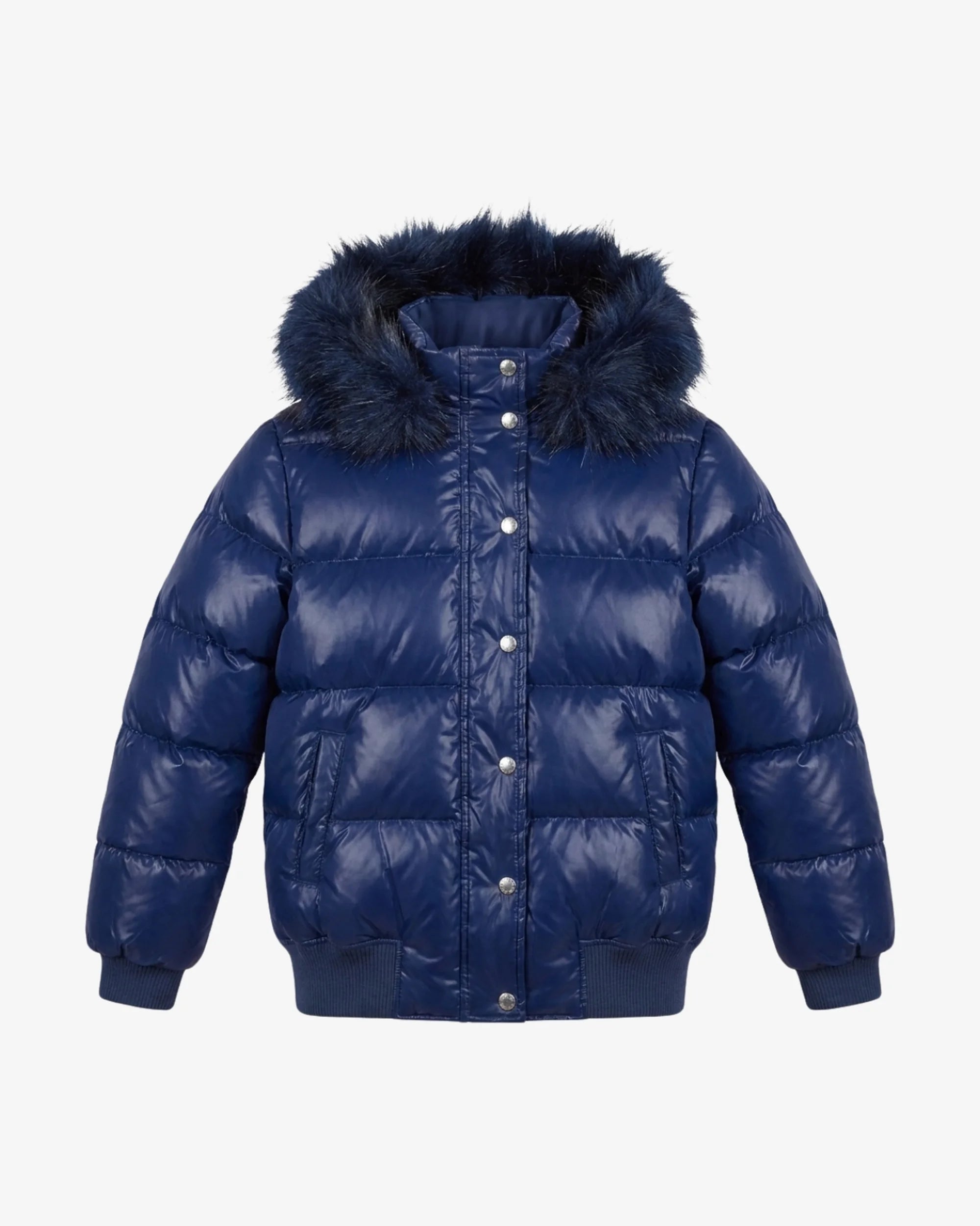 A navy blue puffer jacket with a dark navy faux-fur trimmed hood, featuring horizontal quilting, snap-button front closure, and ribbed cuffs and hem, shown against a plain light gray background.