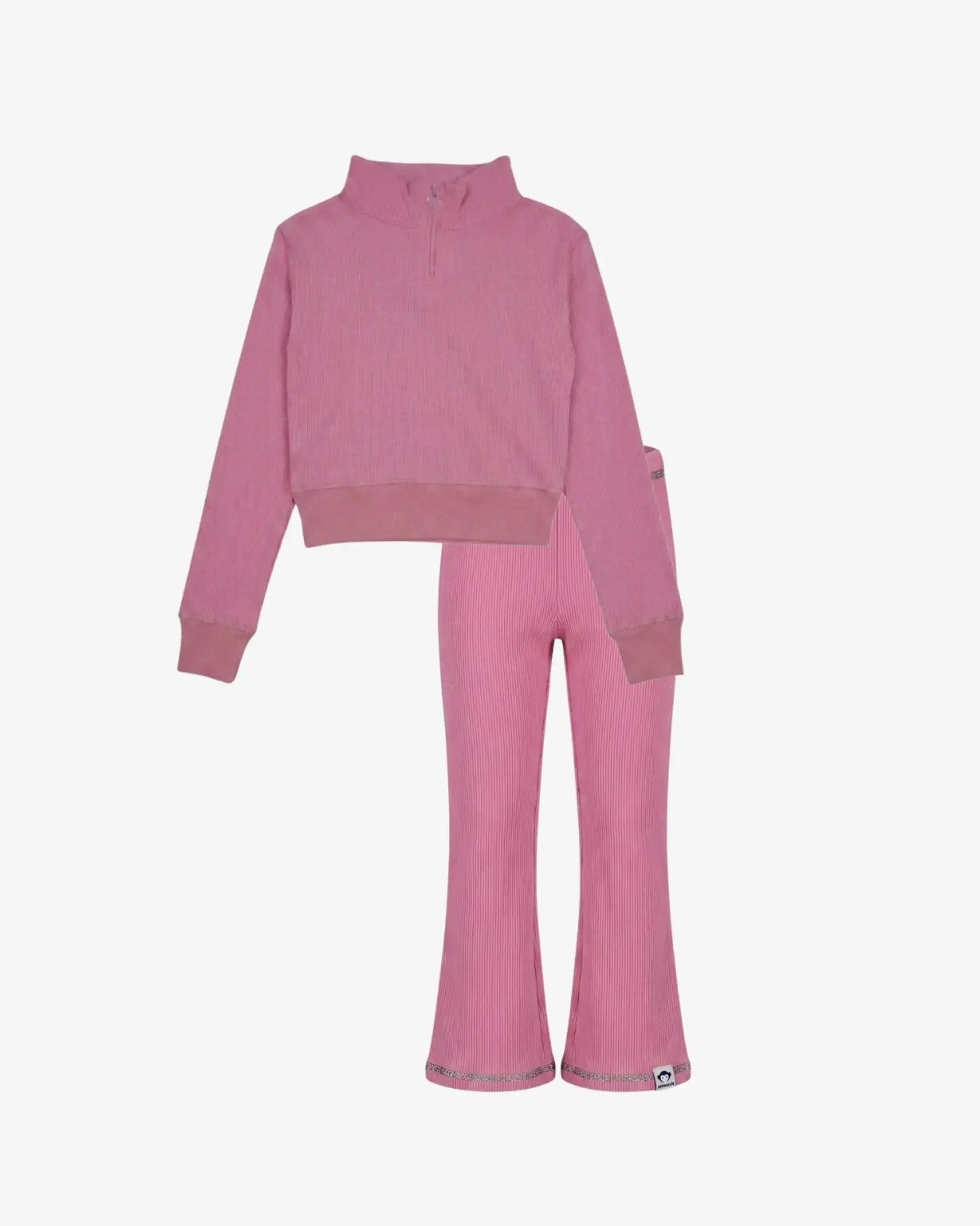 A two-piece children's lounge set in dusty pink ribbed fabric, featuring a long-sleeve half-zip mock-neck top and matching flared pants, displayed on a clean white background.