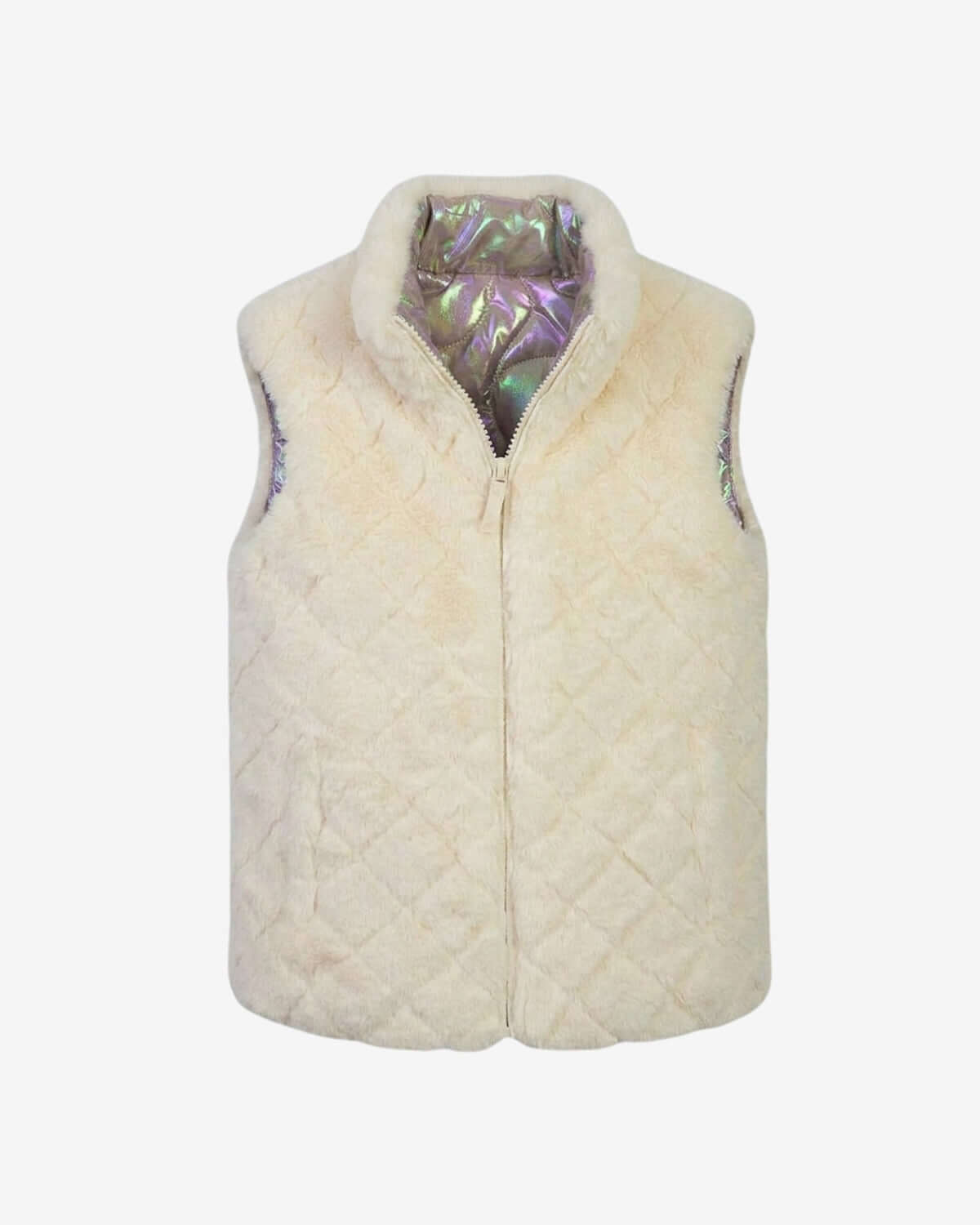 Cream-colored quilted vest with a patterned interior on a white background