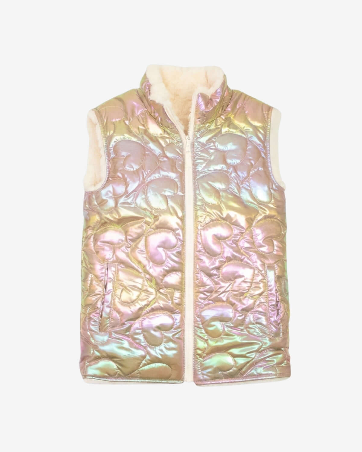 Iridescent puffer vest on a white background