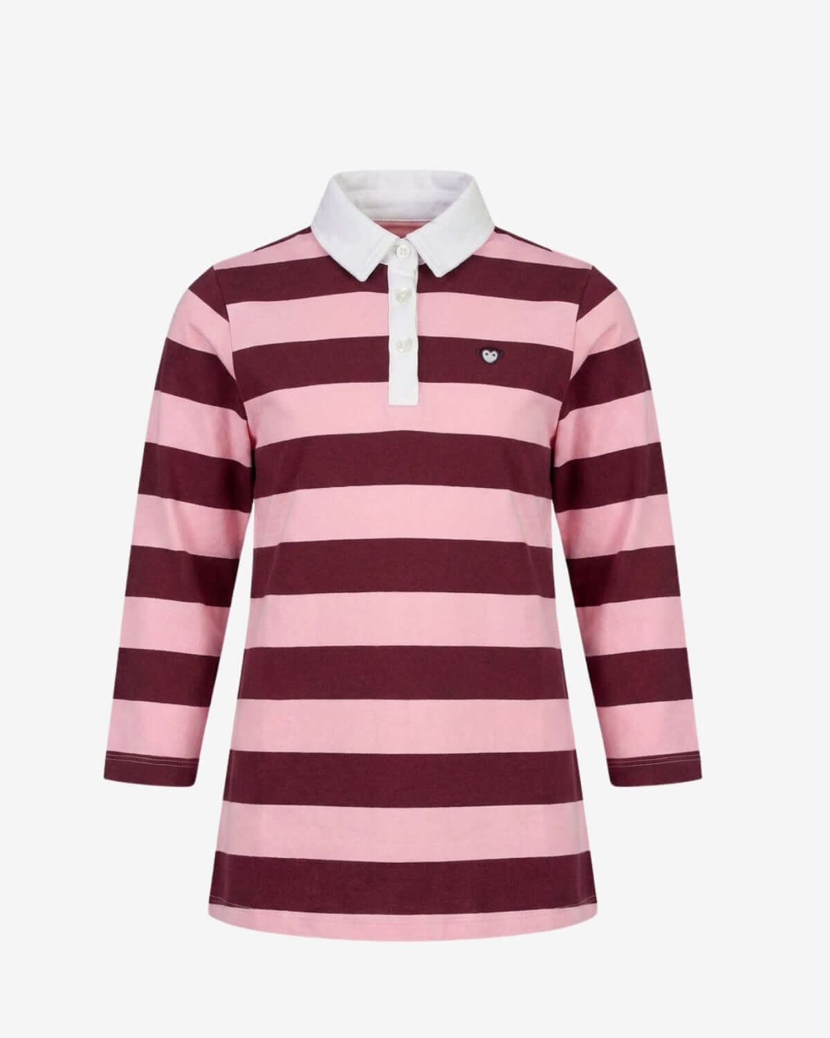 Pink and purple striped long-sleeve shirt with a white collar on a white background