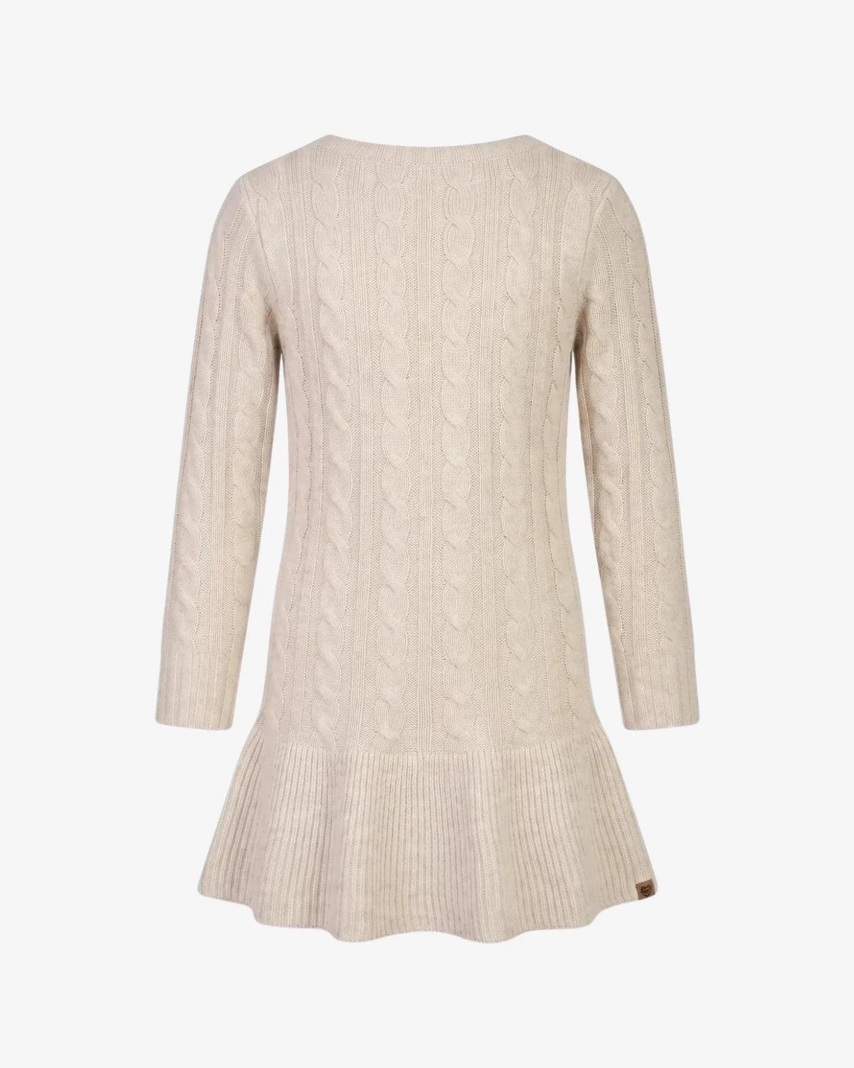 Appaman girls' sweater dress cable knit oatmeal, back view.