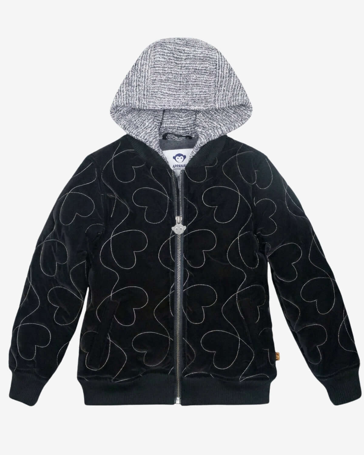 Black hoodie with heart patterns on a white background