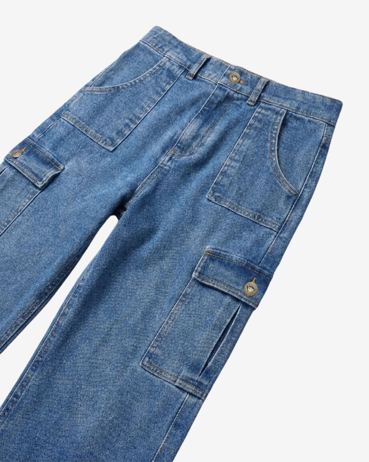 Blue jeans with cargo pockets on a white background
